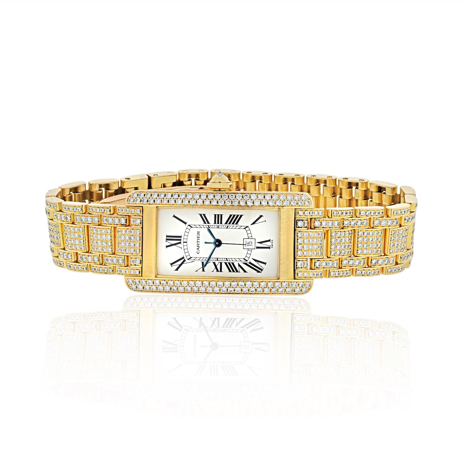 Modern Cartier Ladies Diamond Wristwatch 18 Karat Yellow Gold Diamond Tank Americaine