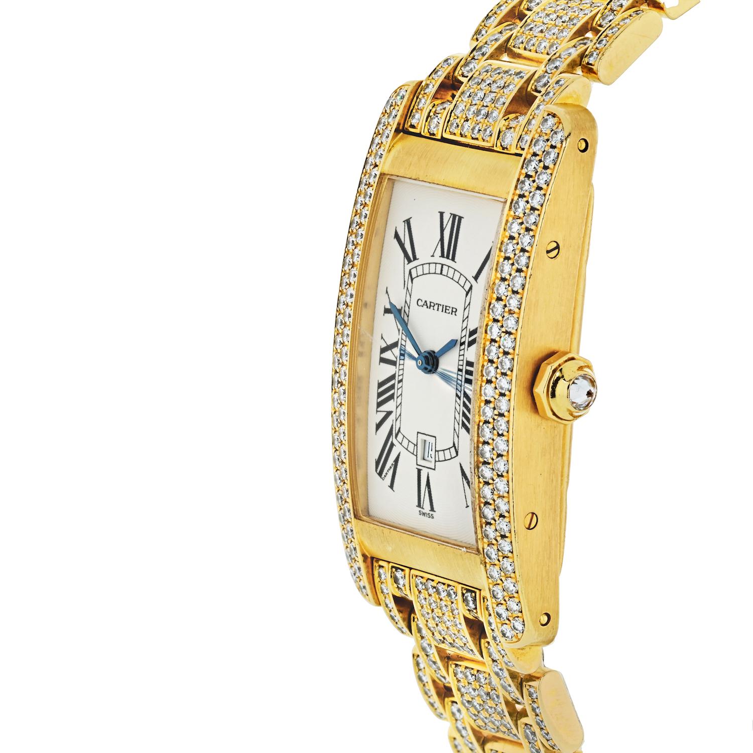 Round Cut Cartier Ladies Diamond Wristwatch 18 Karat Yellow Gold Diamond Tank Americaine
