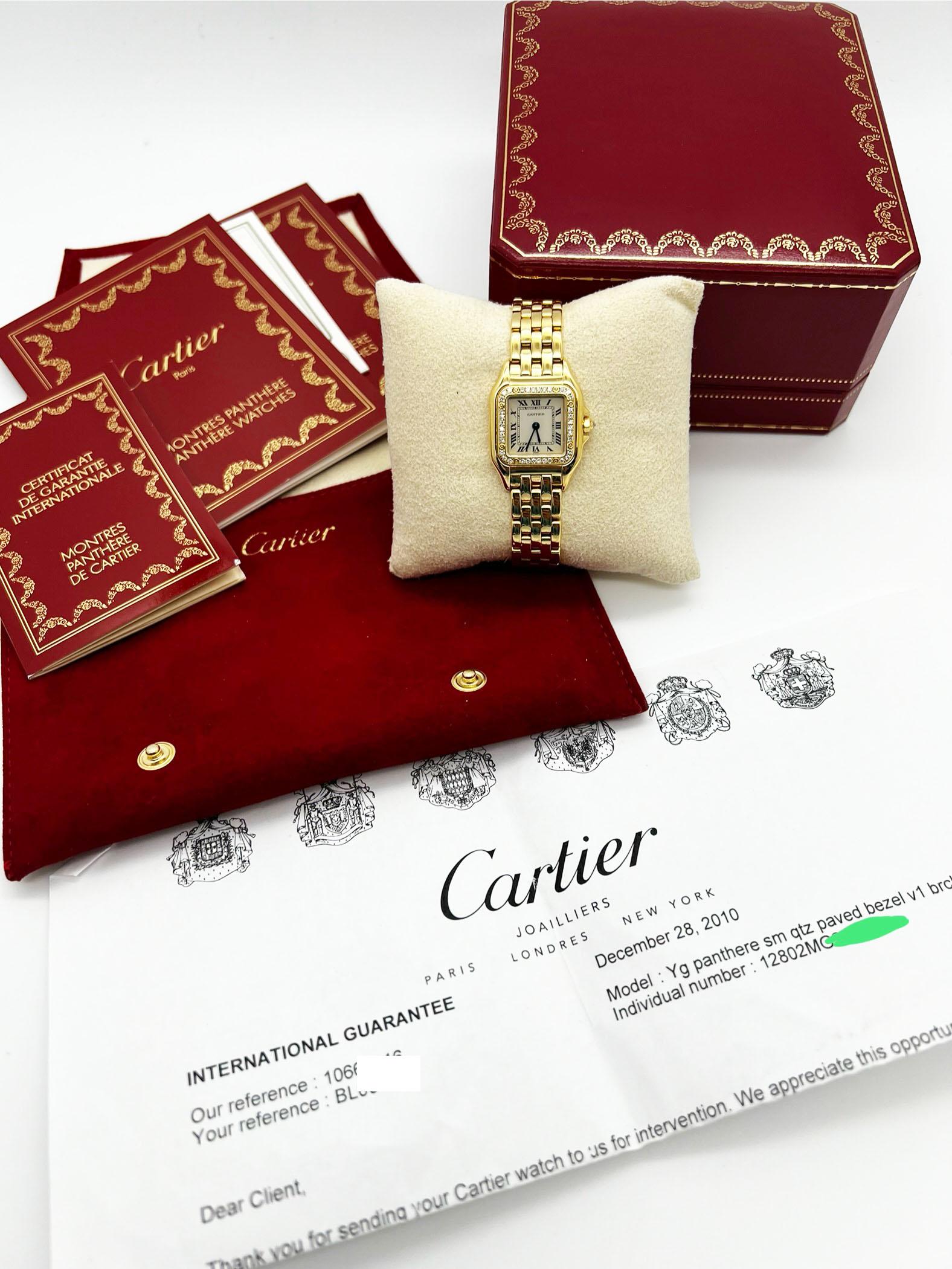 Cartier Ladies Panthere 22mm Ref 1280 Diamond Bezel 18K Yellow Gold Box Paper In Excellent Condition For Sale In San Diego, CA