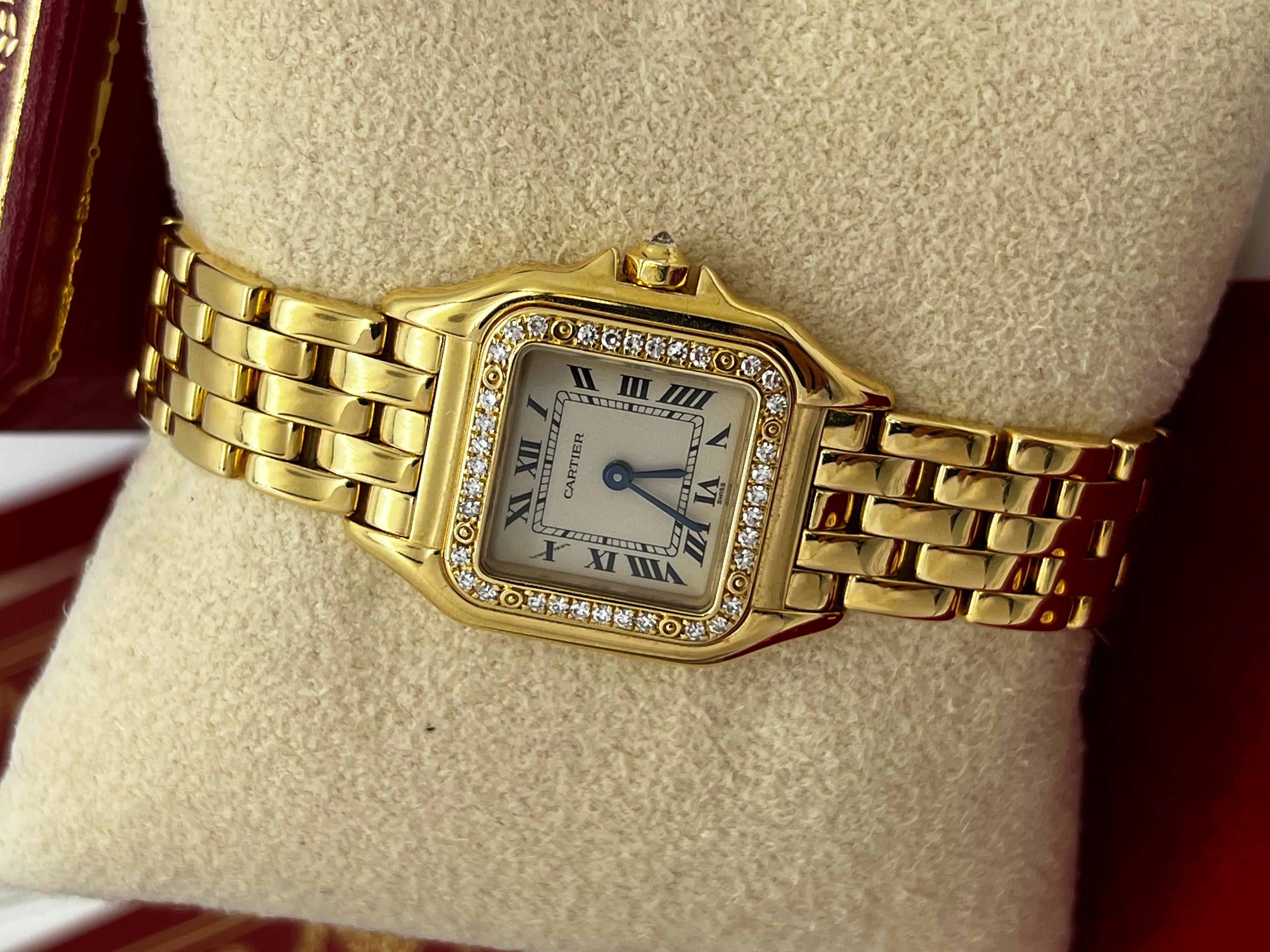 Cartier Damen Panthere 22mm Ref 1280 Diamant-Lünette 18K Gelbgold Box Papier für Damen oder Herren