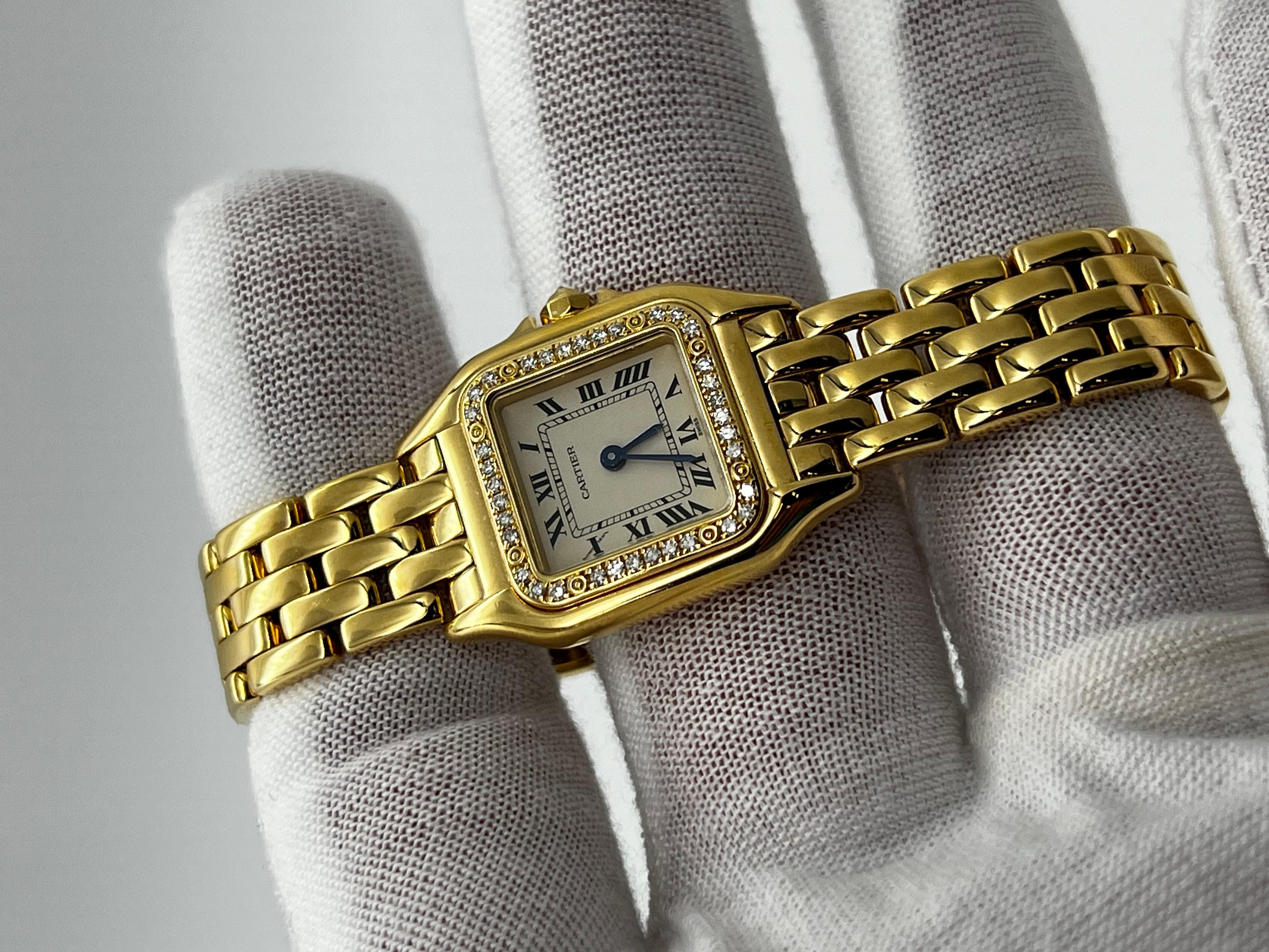 Cartier Ladies Panthere 22mm Ref 1280 Diamond Bezel 18K Yellow Gold Box Paper For Sale 1