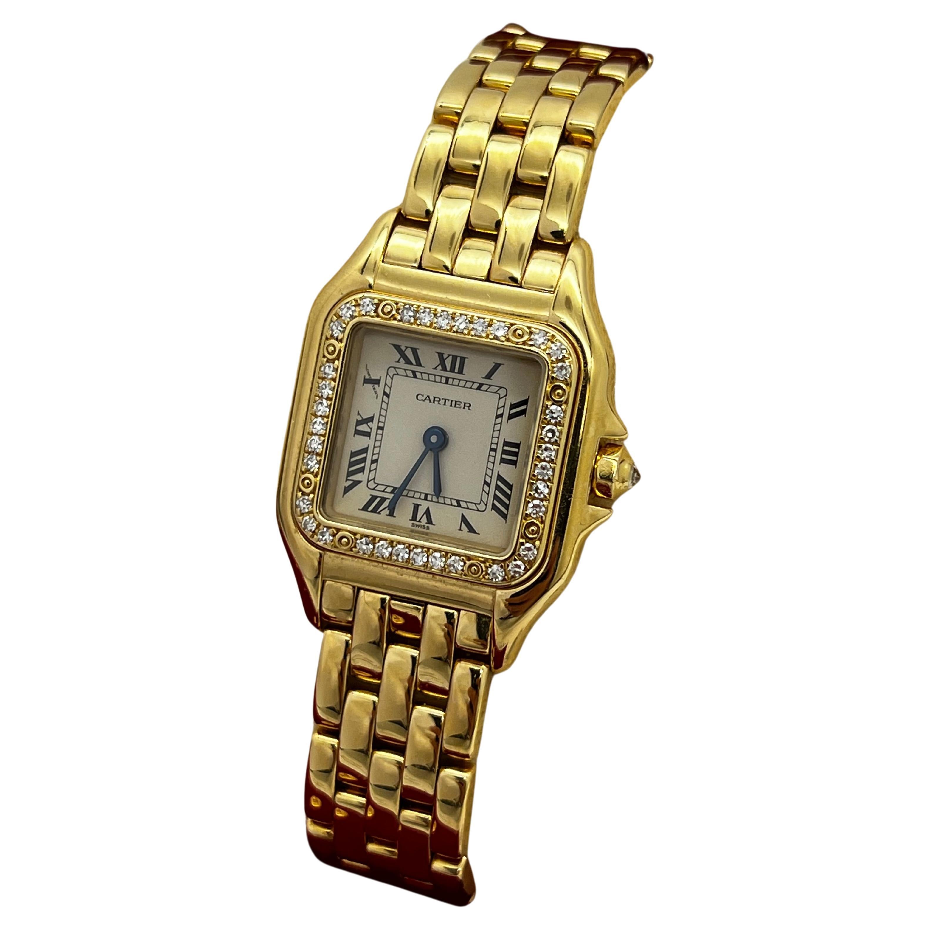 Cartier Ladies Panthere 22mm Ref 1280 Diamond Bezel 18K Yellow Gold Box Paper For Sale
