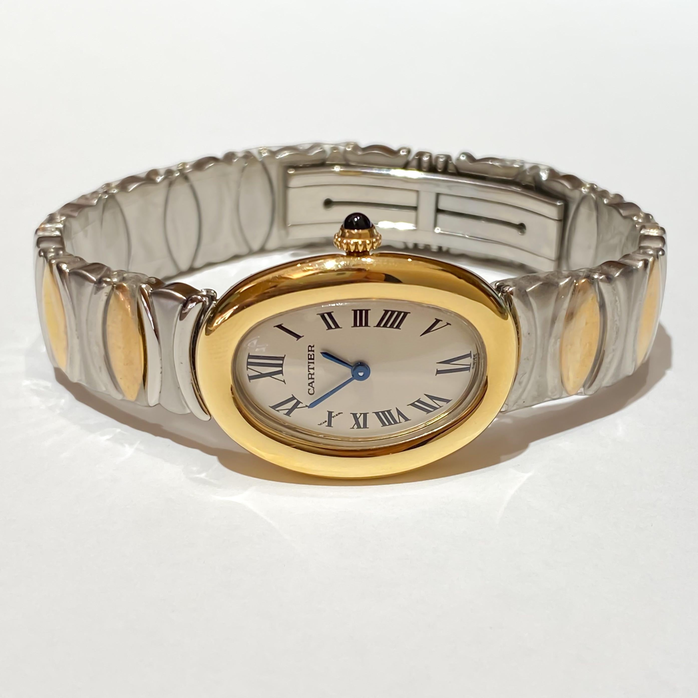 Cartier Ladies Rare Baignoire 18 Karat Gold and Steel Quartz Watch W15045D8 In Excellent Condition In Carmel-by-the-Sea, CA