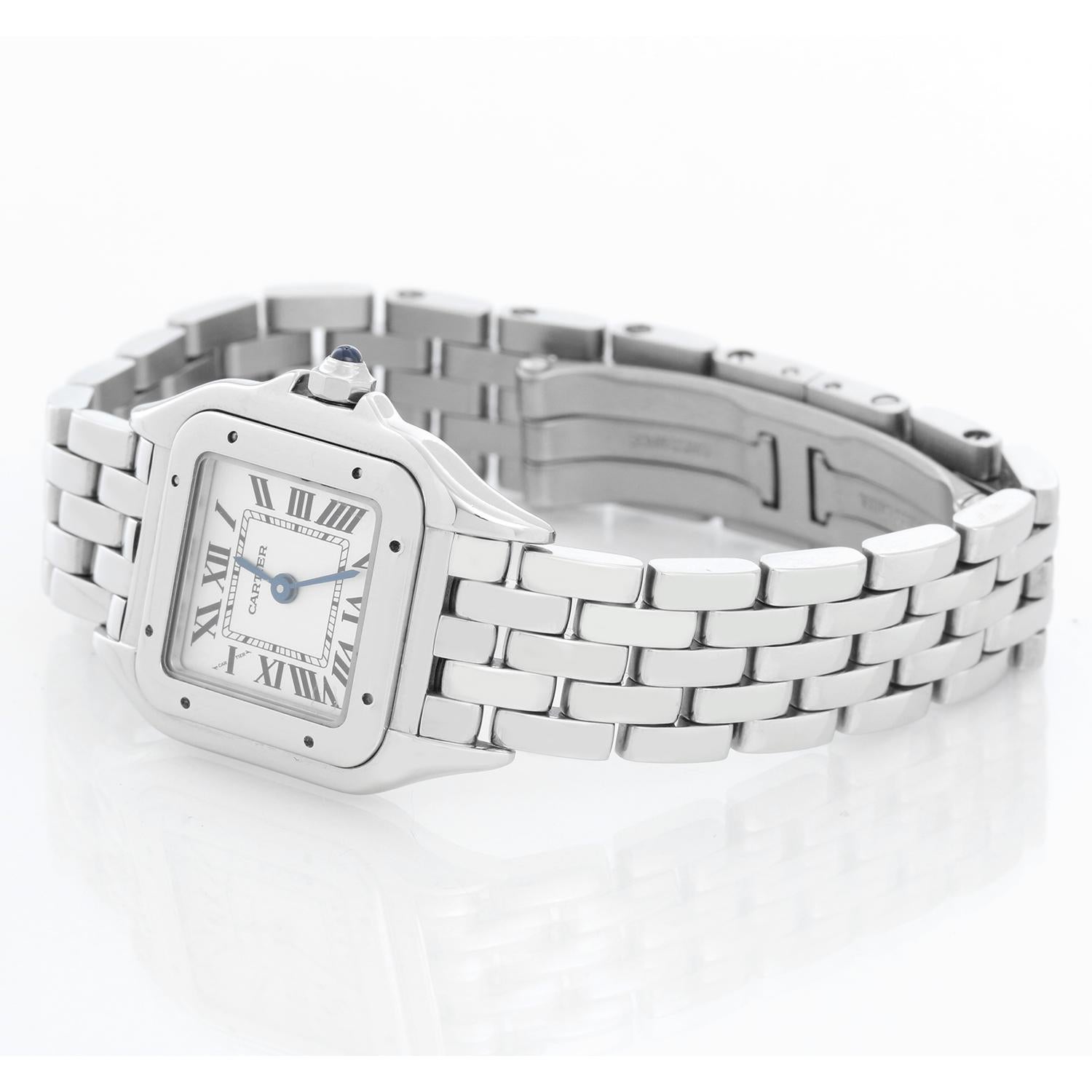 Cartier Ladies Stainless Steel Panthere Watch WSPN0006 4022 - Quartz. Stainless steel case (23mm x 30mm). silver colored dial with black Roman numerals. Stainless steel Panthere bracelet; will fit a 6 1/4 inch wrist . Pre-owned with custom box.
