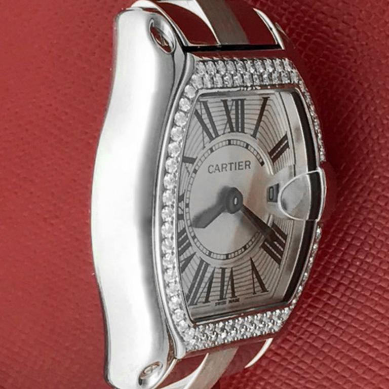 Round Cut Cartier Ladies Stainless Steel Roadster Quartz Wristwatch with Diamonds For Sale