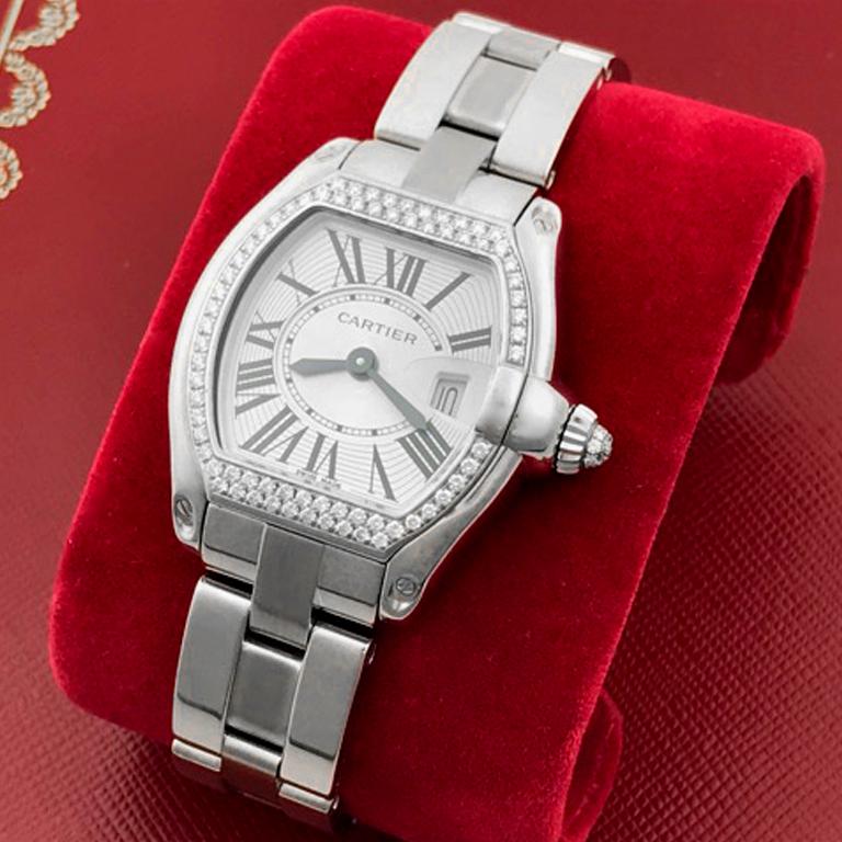 Women's Cartier Ladies Stainless Steel Roadster Quartz Wristwatch with Diamonds For Sale