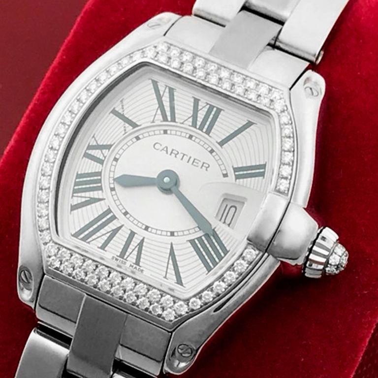 Cartier Ladies Stainless Steel Roadster Quartz Wristwatch with Diamonds For Sale 1