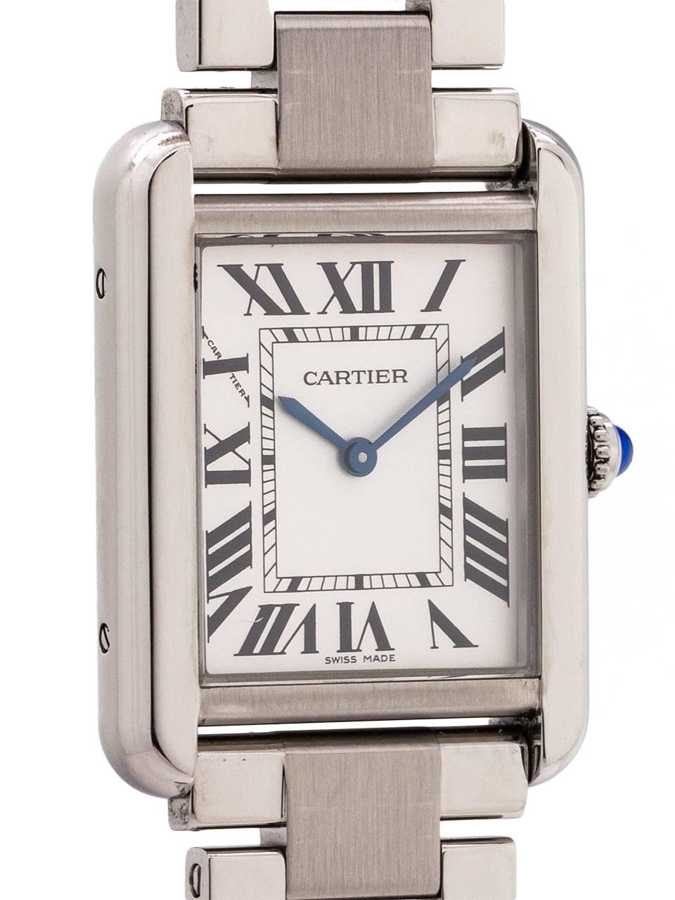 
Cartier Lady Stainless Steel Tank Solo ref 3170 with bracelet with butterfly deployment clasp. Very clean preowned example of this streamlined 25 X 31mm version of the Cartier Tank Louis. Battery powered quartz movement with cabochon sapphire