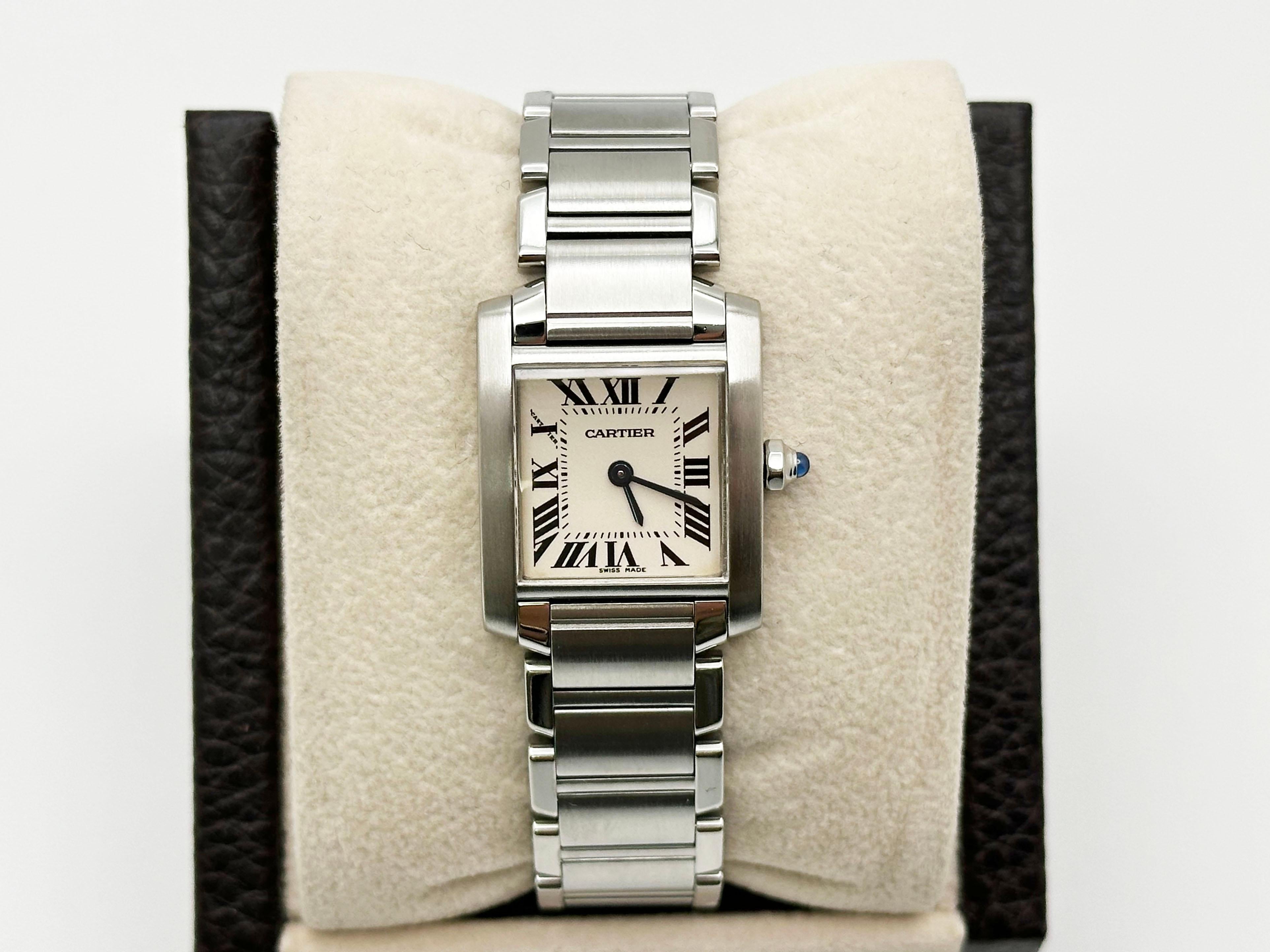 Style Number: 2384

 

Model: Cartier Ladies Tank Francaise 

 

Case Material: Stainless Steel 

 

Band: Stainless Steel 

 

Bezel: Stainless Steel 

 

Dial:  Ivory / White Dial 

 

Face: Sapphire Crystal 

 

Case Size: 20mm 

 

Includes: