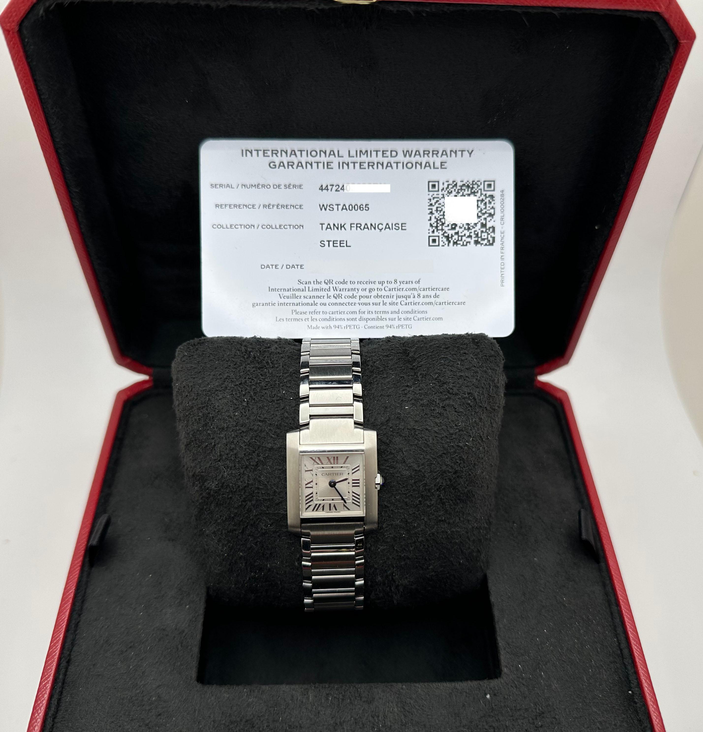 Style Number: WSTA0065 / Ref 4472 

 

Model: Cartier Ladies Tank Francaise

 

Case Material: Stainless Steel 

 

Band: Stainless Steel 

 

Bezel: Stainless Steel 

 

Dial: Silver

 

Face: Sapphire Crystal

 

Case Size: 25.7mm x 21.2mm

