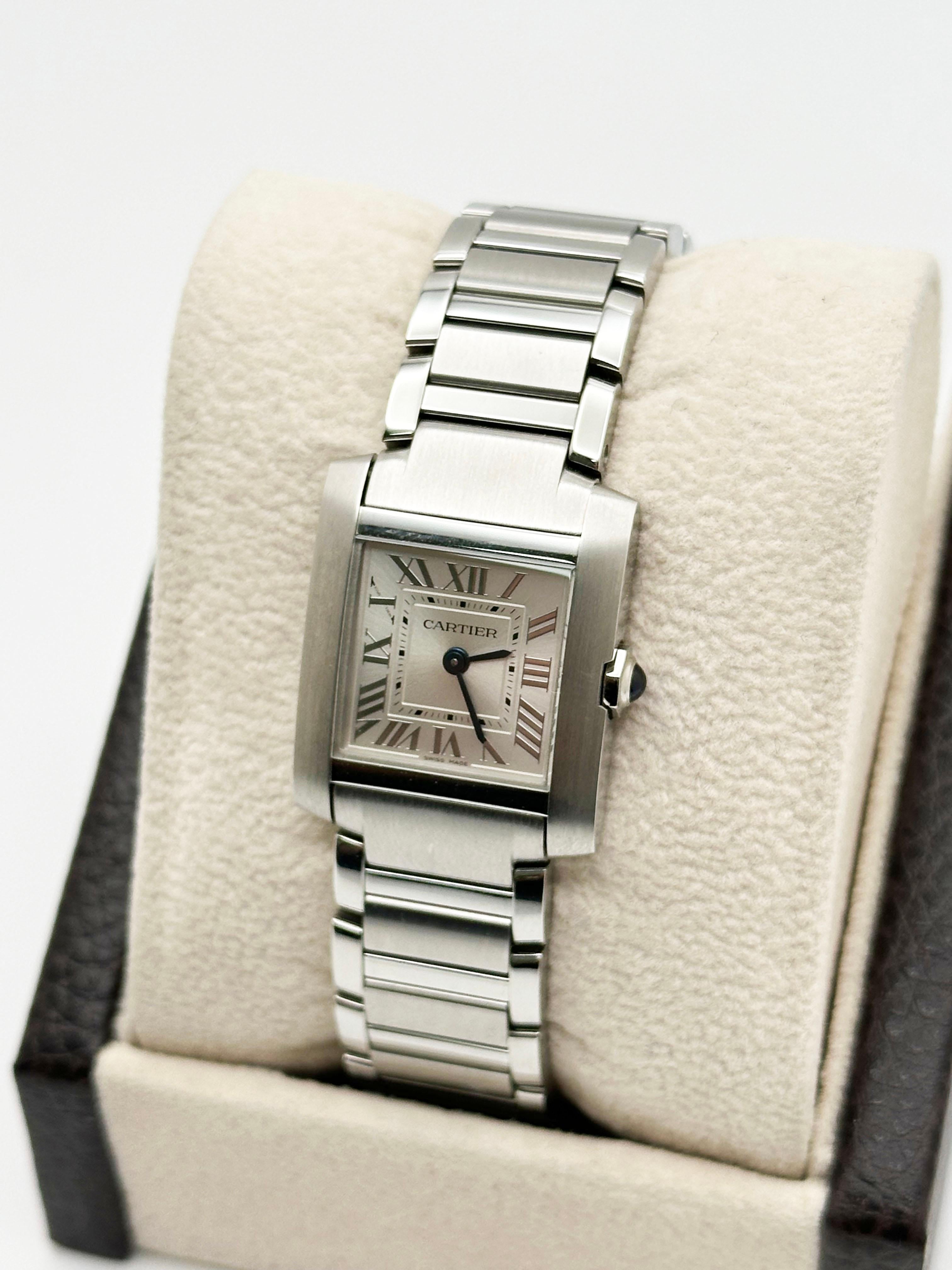 Cartier Ladies Tank WSTA0065 Ref 4472 Small Silver Dial Steel Box Paper For Sale 1
