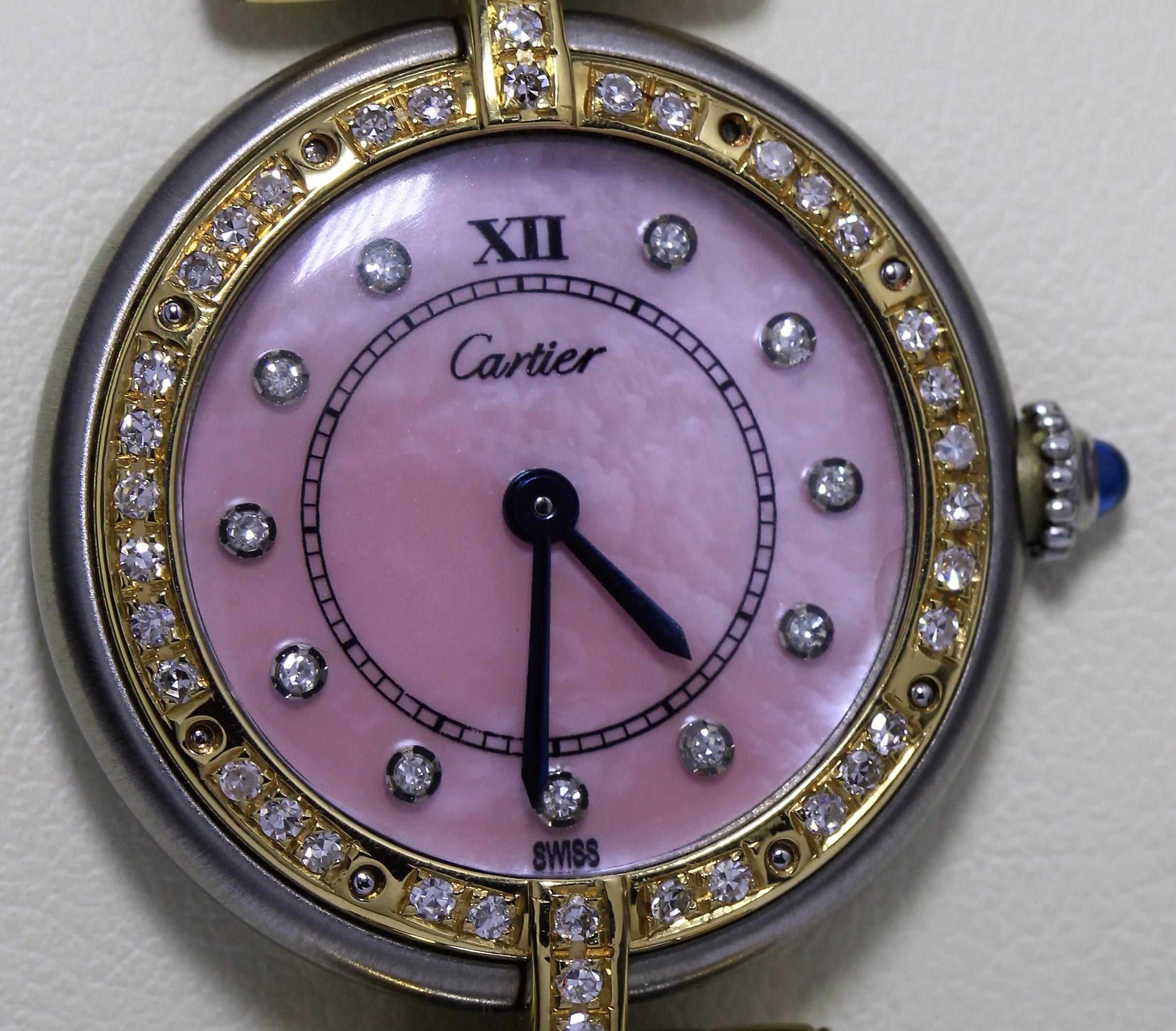 Cartier Ladies Watch with Pink Oyster Face and Diamond Studded Bezel/Band In Excellent Condition For Sale In New York, NY