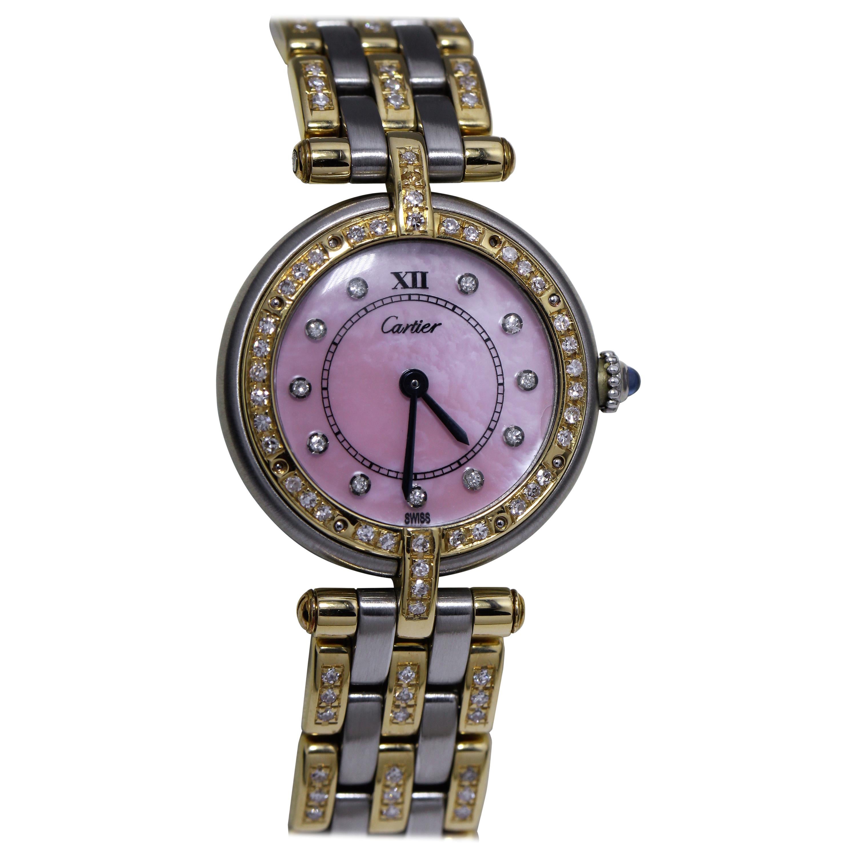 Cartier Ladies Watch with Pink Oyster Face and Diamond Studded Bezel/Band For Sale