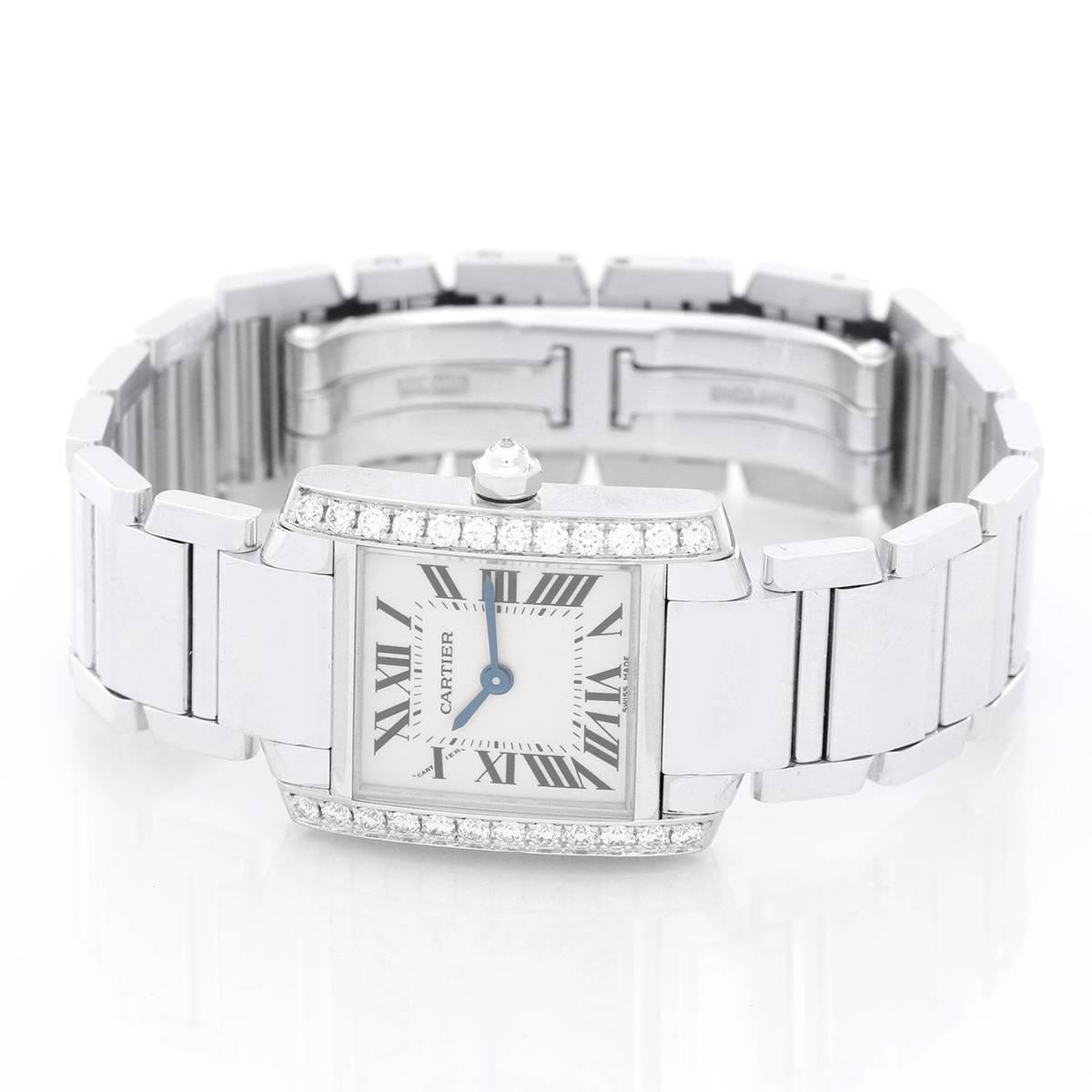 Cartier Tank Francaise 18k White Gold & Diamonds Ladies Watch WE1002S3 - Quartz. 18k white gold case with factory diamond bezel (20mm x 25mm). Ivory colored dial with black Roman numerals. Cartier 18k white gold bracelet.. Pre-owned with Cartier box