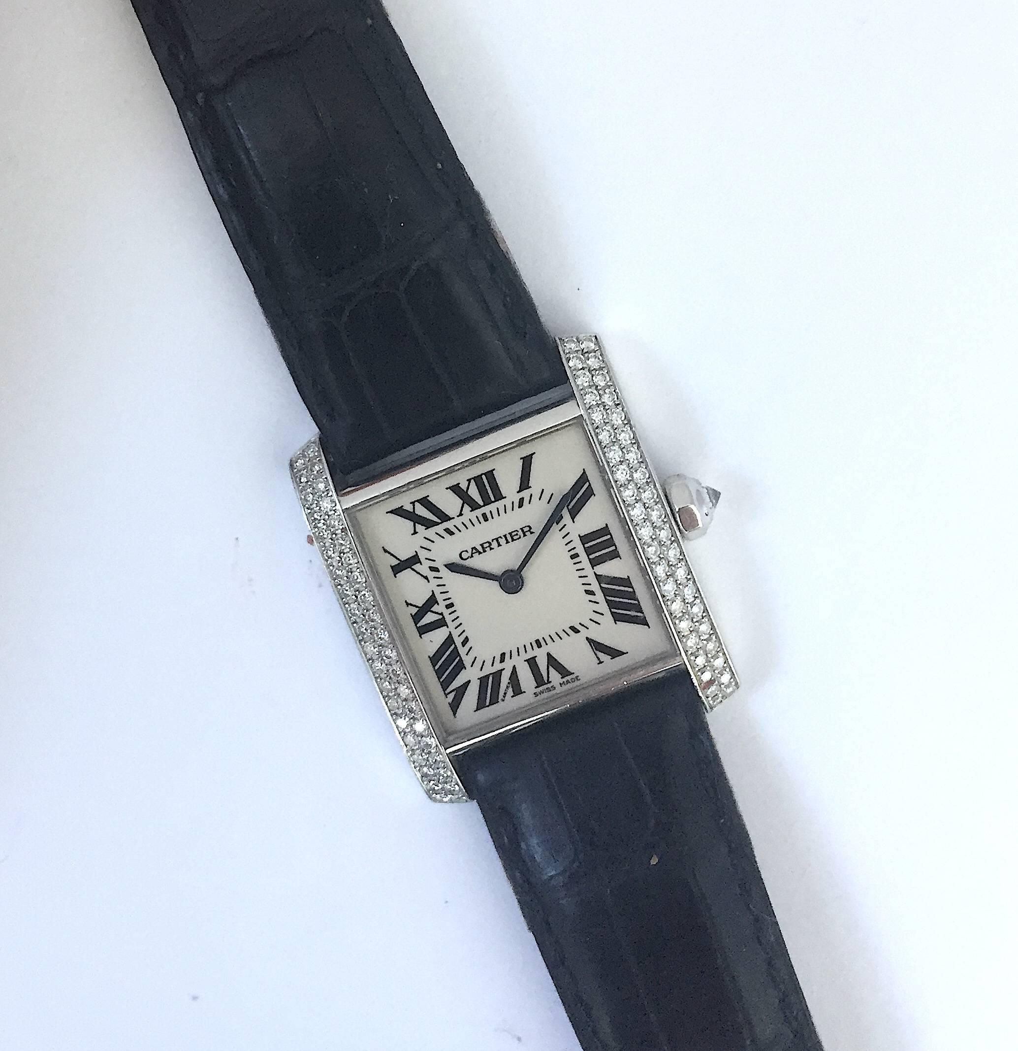 Cartier Ladies White Gold Diamond Tank Quartz Wristwatch In Good Condition In New York, NY