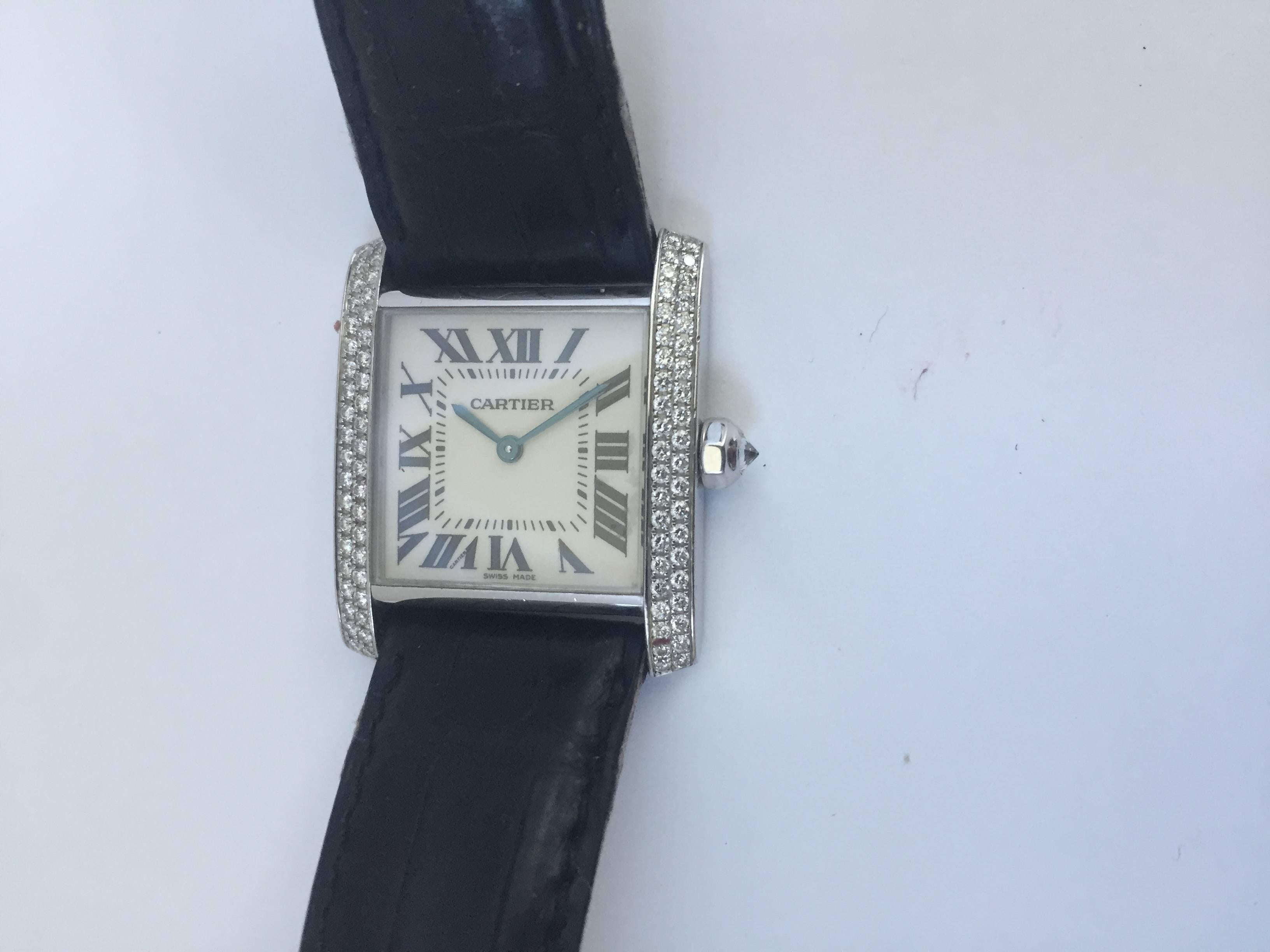 Women's Cartier Ladies White Gold Diamond Tank Quartz Wristwatch