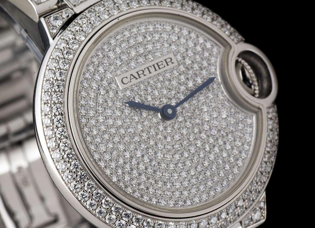 Round Cut Cartier Ladies White Gold Fully Loaded Diamond Ballon Bleu Automatic Wristwatch