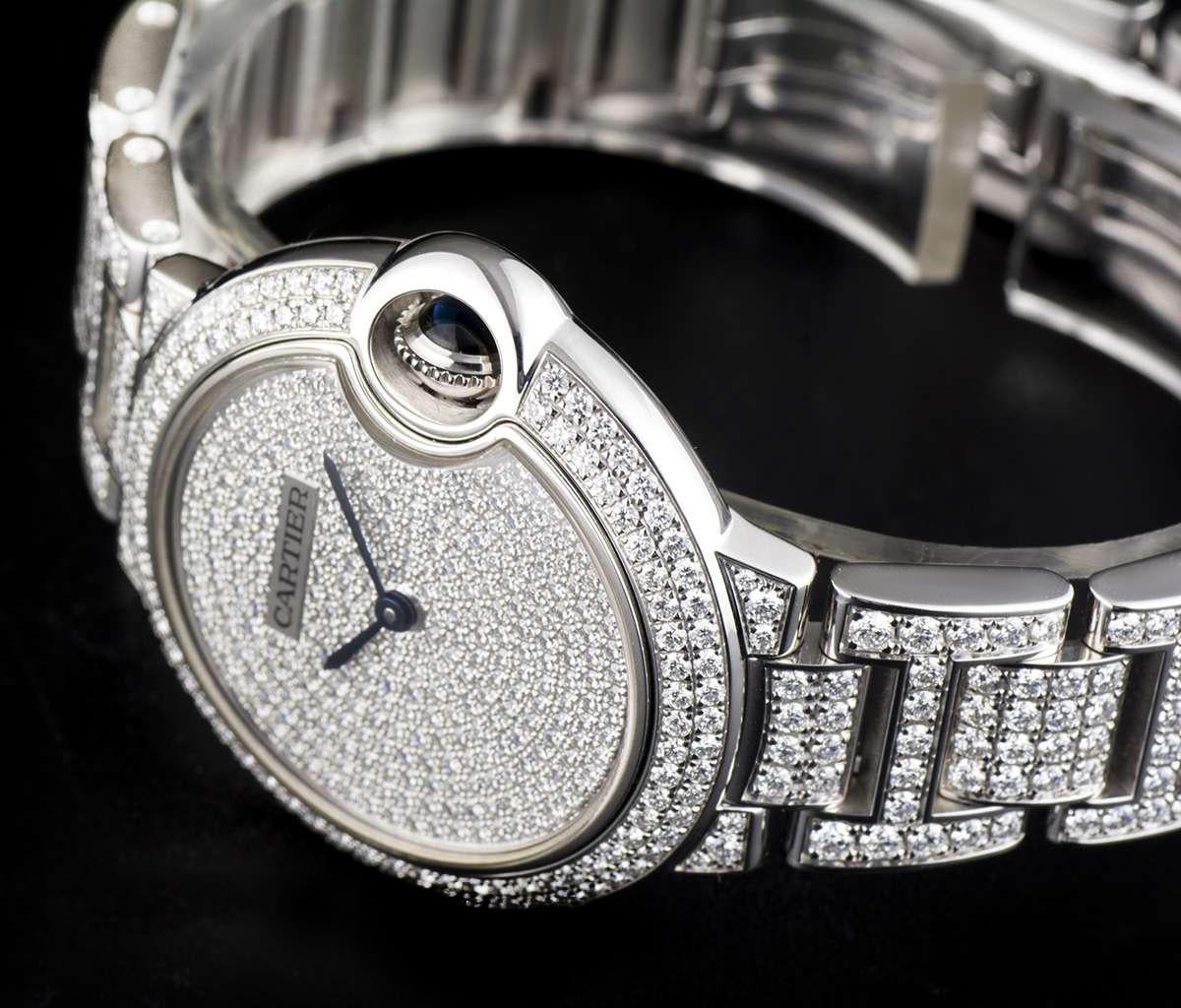 Women's Cartier Ladies White Gold Fully Loaded Diamond Ballon Bleu Automatic Wristwatch