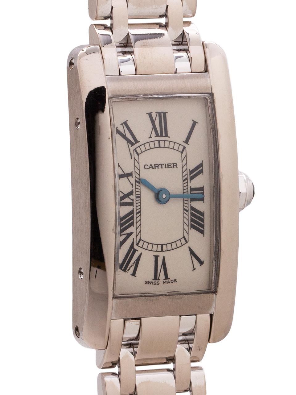 Classic Cartier lady’s 18K white gold Tank American ref W26019L01 circa 1990’s. Featuring classic curvex style 19 X 34.8mm case secured by 4 side screws and 8 caseback screws. With original classic silvered dial with Roman figures with Cartier