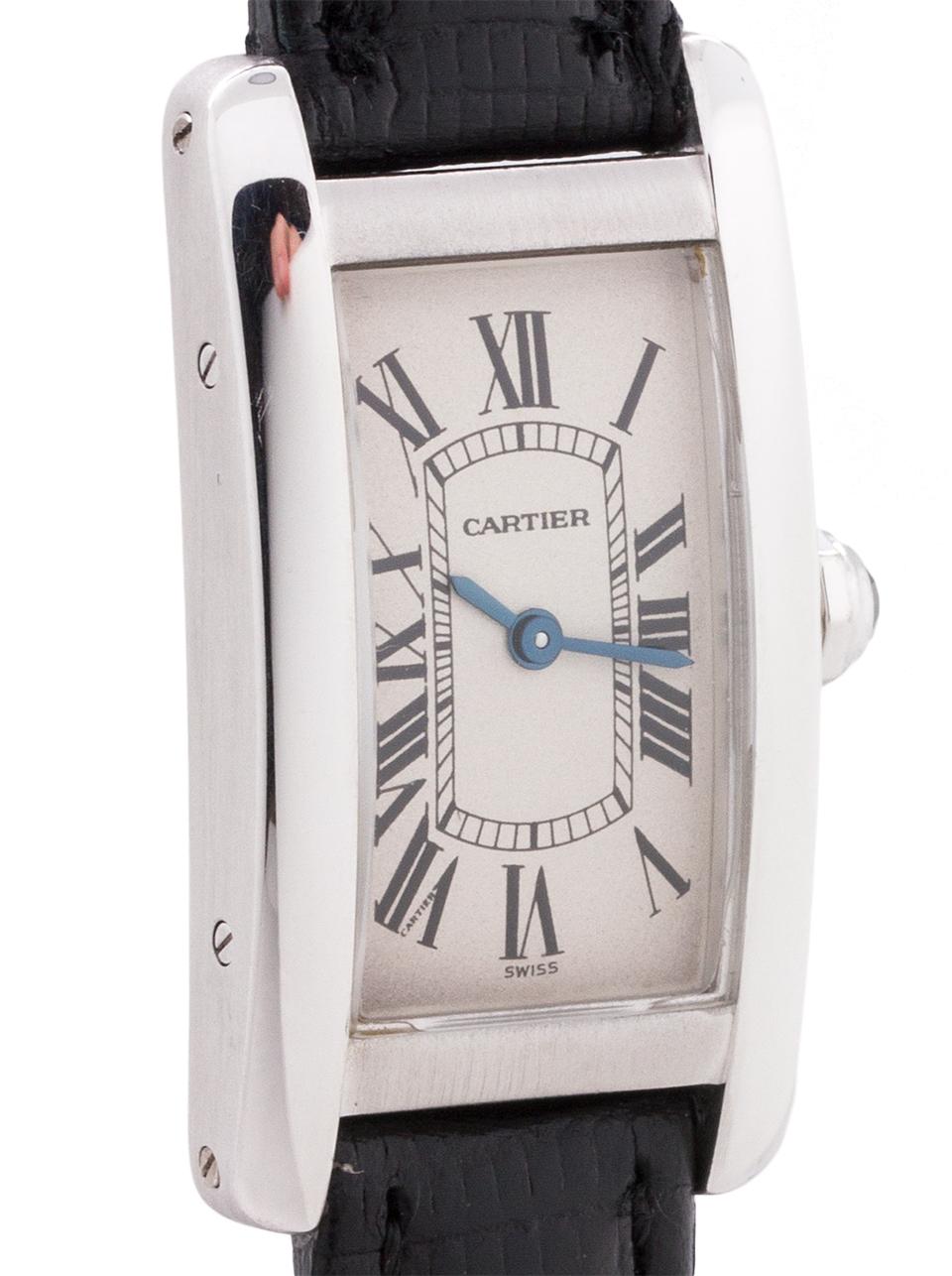 Classic Cartier lady’s 18K white gold Tank American ref 1713 circa 1990’s. Featuring classic curvex style 20 X 35mm case secured by 4 side screws and 8 caseback screws. With original classic silvered dial with Roman figures with Cartier “secret”