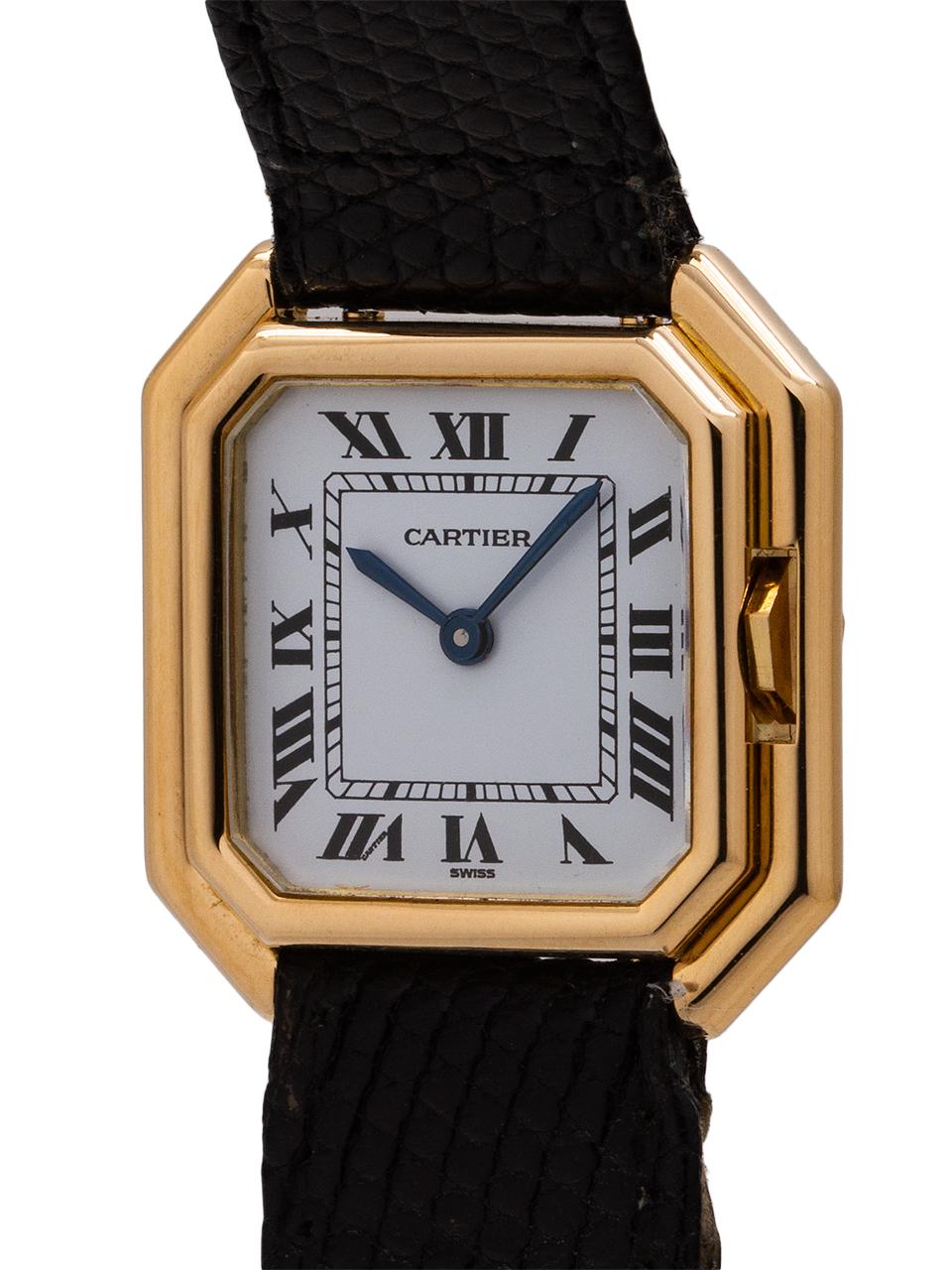 Vintage Lady Cartier 18K YG “Ceinture” model circa 1970’s. Featuring 25 x 25mm square case with wide stepped bezel, cut corners, and protected crown. Mineral glass crystal, glossy white original dial with classic black Roman figures and blued steel