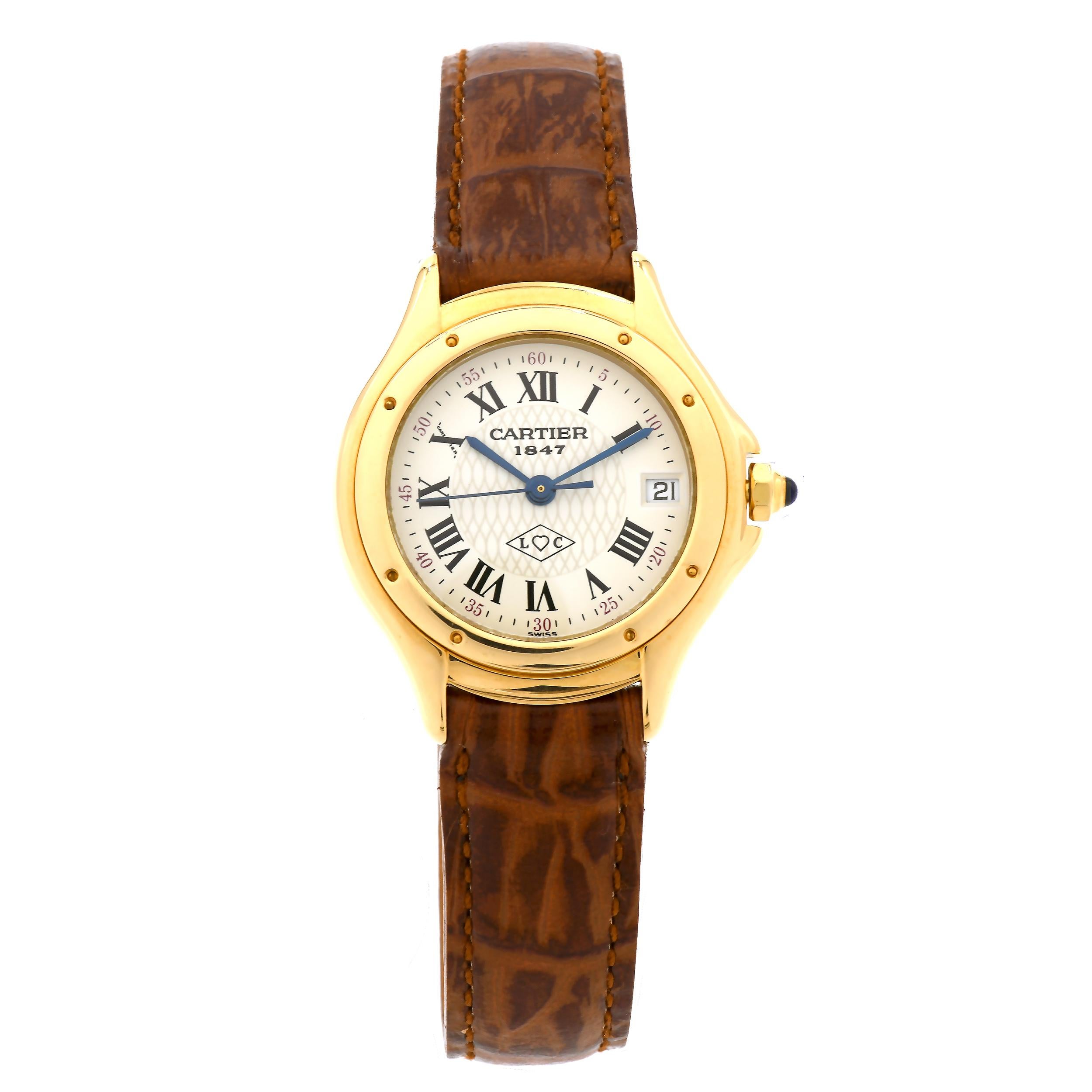  Cartier Cougar 18k yellow gold ladies Quartz date wristwatch with Cartier 18k gold buckle. Limited 150th anniversary edition with L heart C dial. ref 11711 

18k yellow gold 
30.0 grams 
Length: 30.8mm 
Width: 26.5mm 
Band width at case: 13mm 
Case