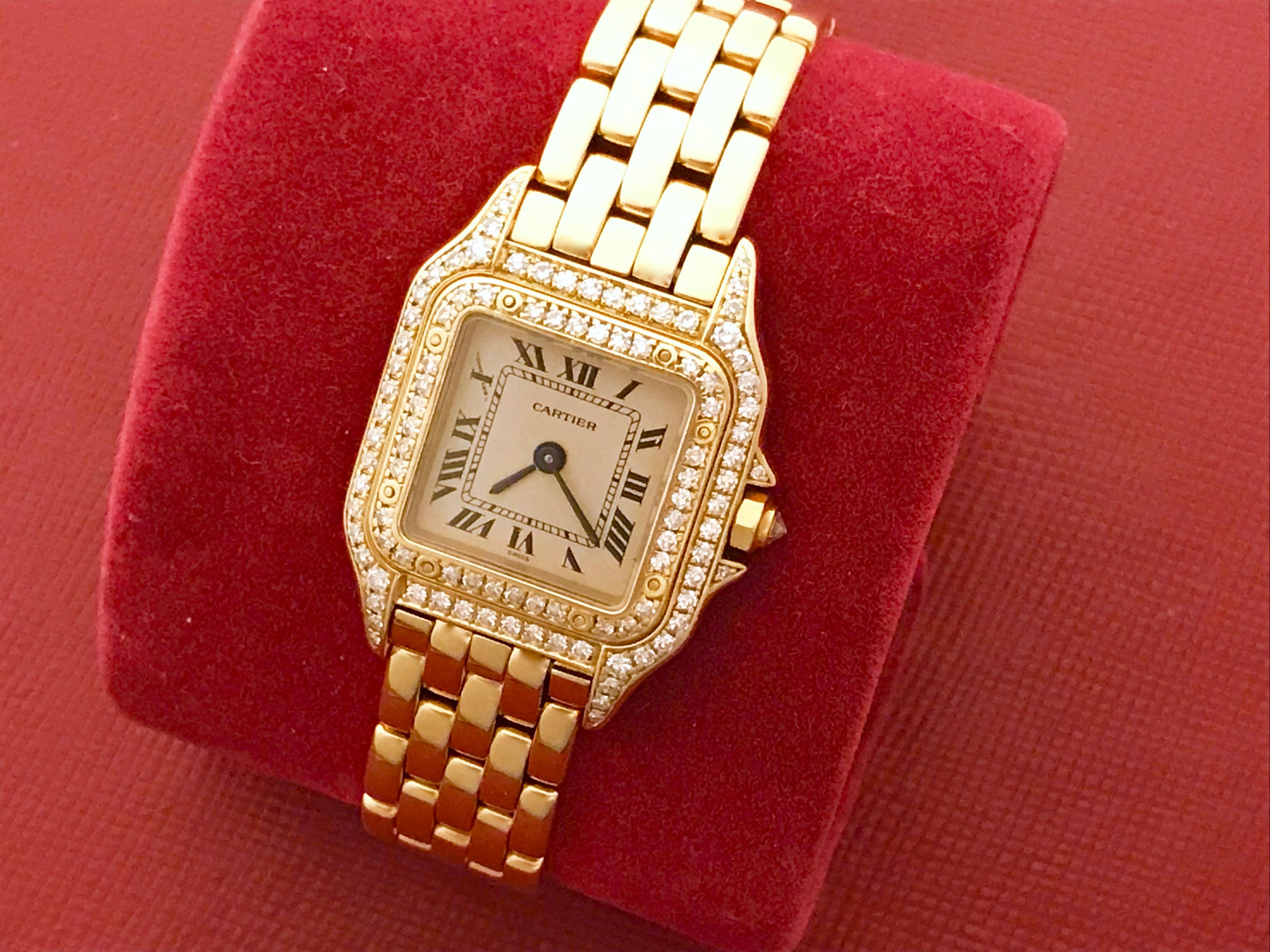 Contemporary Cartier Ladies Yellow Gold Diamond Panther Quartz Wristwatch