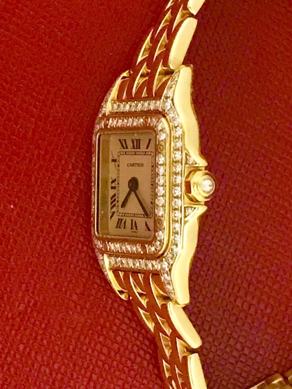Round Cut Cartier Ladies Yellow Gold Diamond Panther Quartz Wristwatch