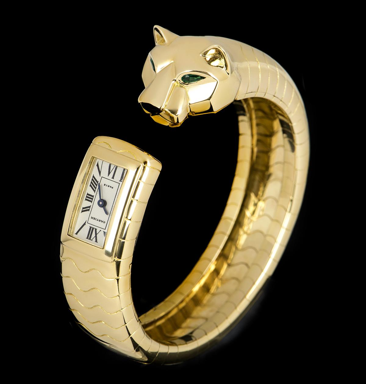 A Rare 18k Yellow Gold Panther Lakard Figurative Ladies Wristwatch, silver dial with roman numerals and a secret signature at 