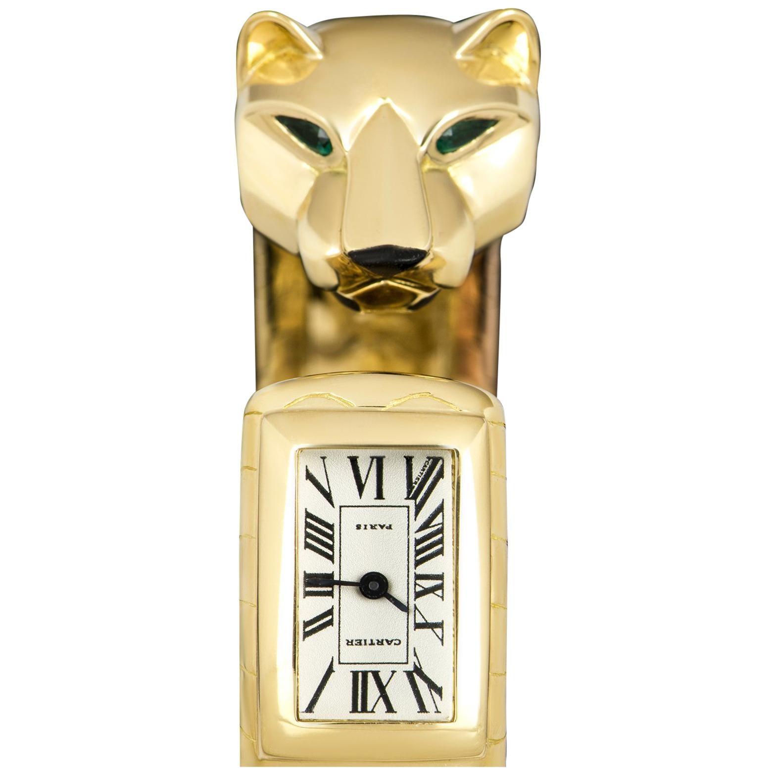 Cartier Ladies Yellow Gold Panther Emerald Onyx Lakard Bangle Quartz Wristwatch