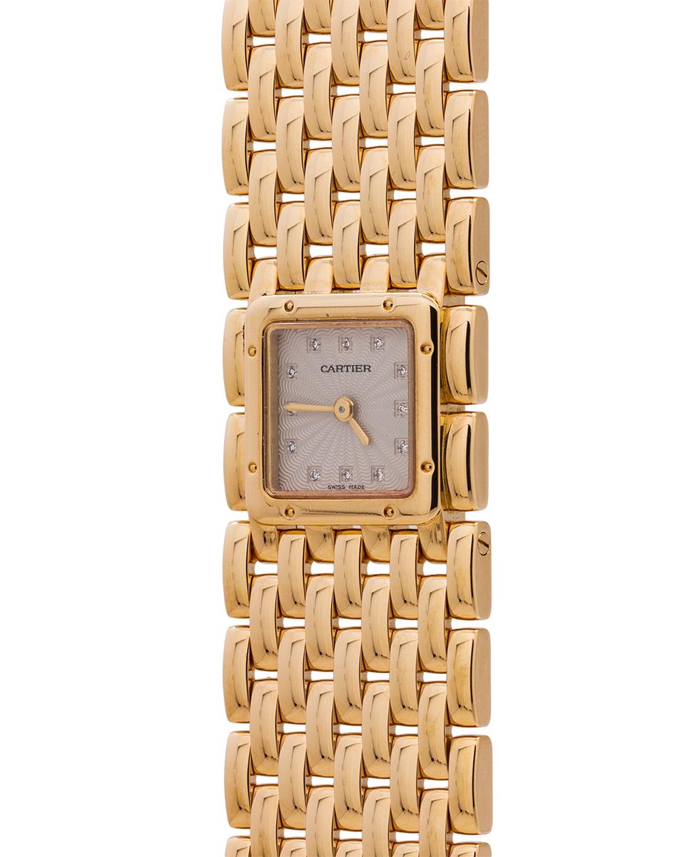 
Classy and sophisticated Cartier Panthere Ruban 18K yellow gold ref # 2449 circa 2000’s. Featuring a 21mm wide heavy rice link bracelet. A sapphire crystal covers a sunburst guilloche cream dial, with diamond markers and gold pencil shaped hands.