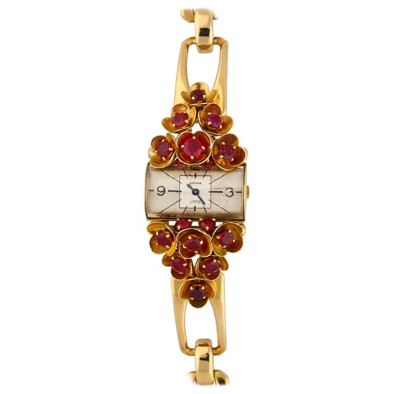 Cartier Ladies Yellow Gold Ruby Set Wristwatch