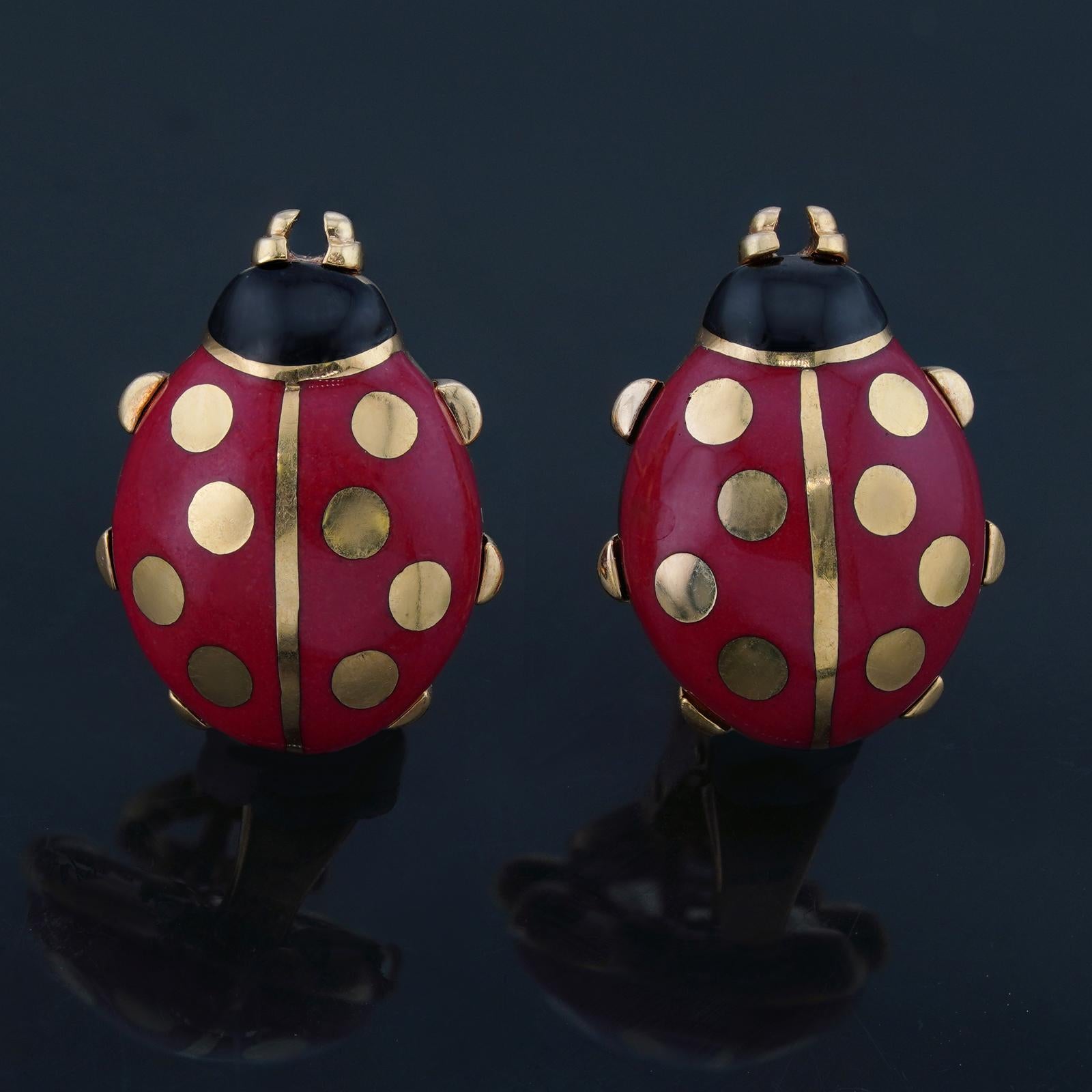 These fabulous Cartier earrings feature an adorable ladybug design crafted in 18k yellow gold and red and black enamel. Made in France circa 1990s. Measurements: 0.47