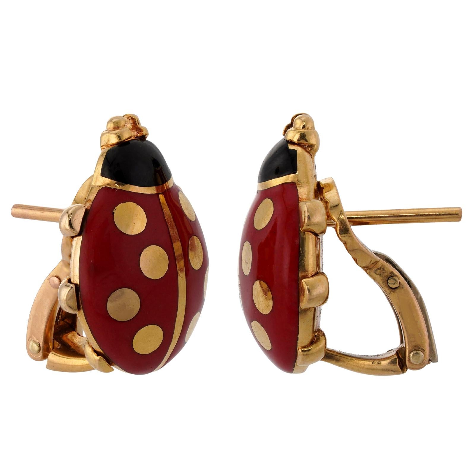 Women's CARTIER Ladybug Red Black Enamel 18k Yellow Gold Earrings