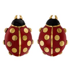 CARTIER Ladybug Red Black Enamel 18k Yellow Gold Earrings