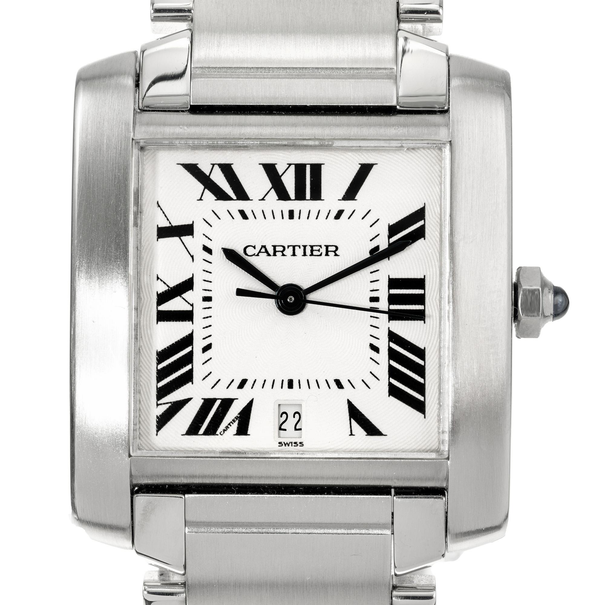 Cartier stainless steel classic tank Francaise automatic large size 32mm wristwatch. Classic Cartier, rectangular white dial with Roman numerals with blue minute and hour hands. Smooth and brushed case and bracelet. 6.8 inches in length. Serviced