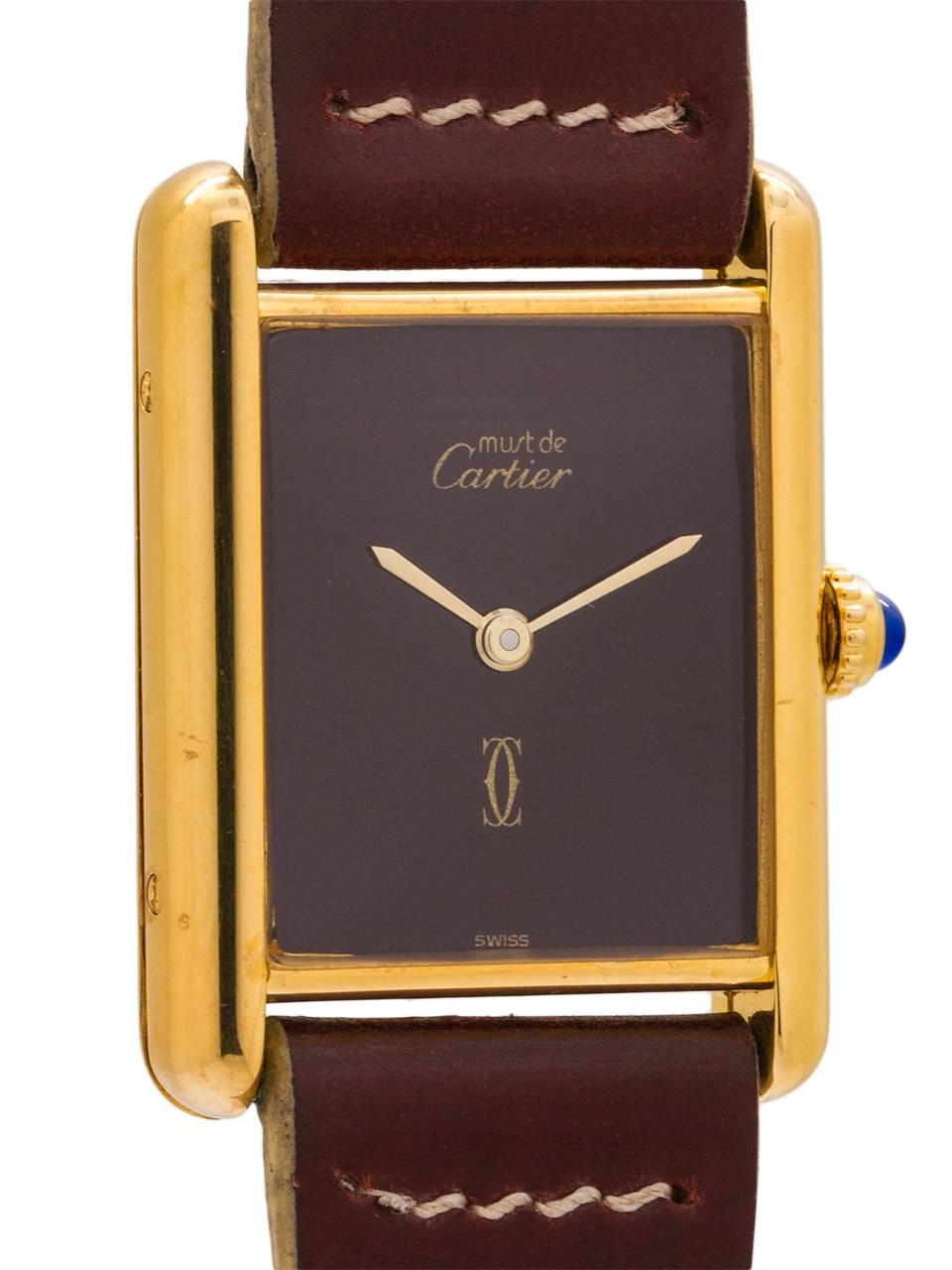 Cartier Ladies vermeil Tank Louis Burgundy Dial quartz wristwatch, circa 1980s In Excellent Condition In West Hollywood, CA