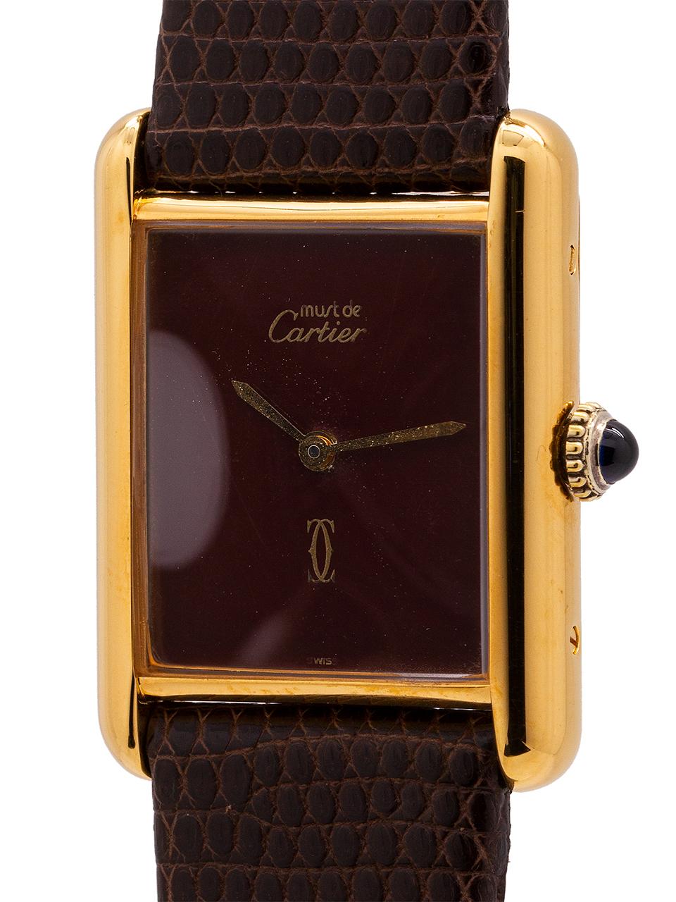 Cartier Ladies Tank Louis Burgundy Dial Vermeil Watch, circa 1980s In Excellent Condition In West Hollywood, CA