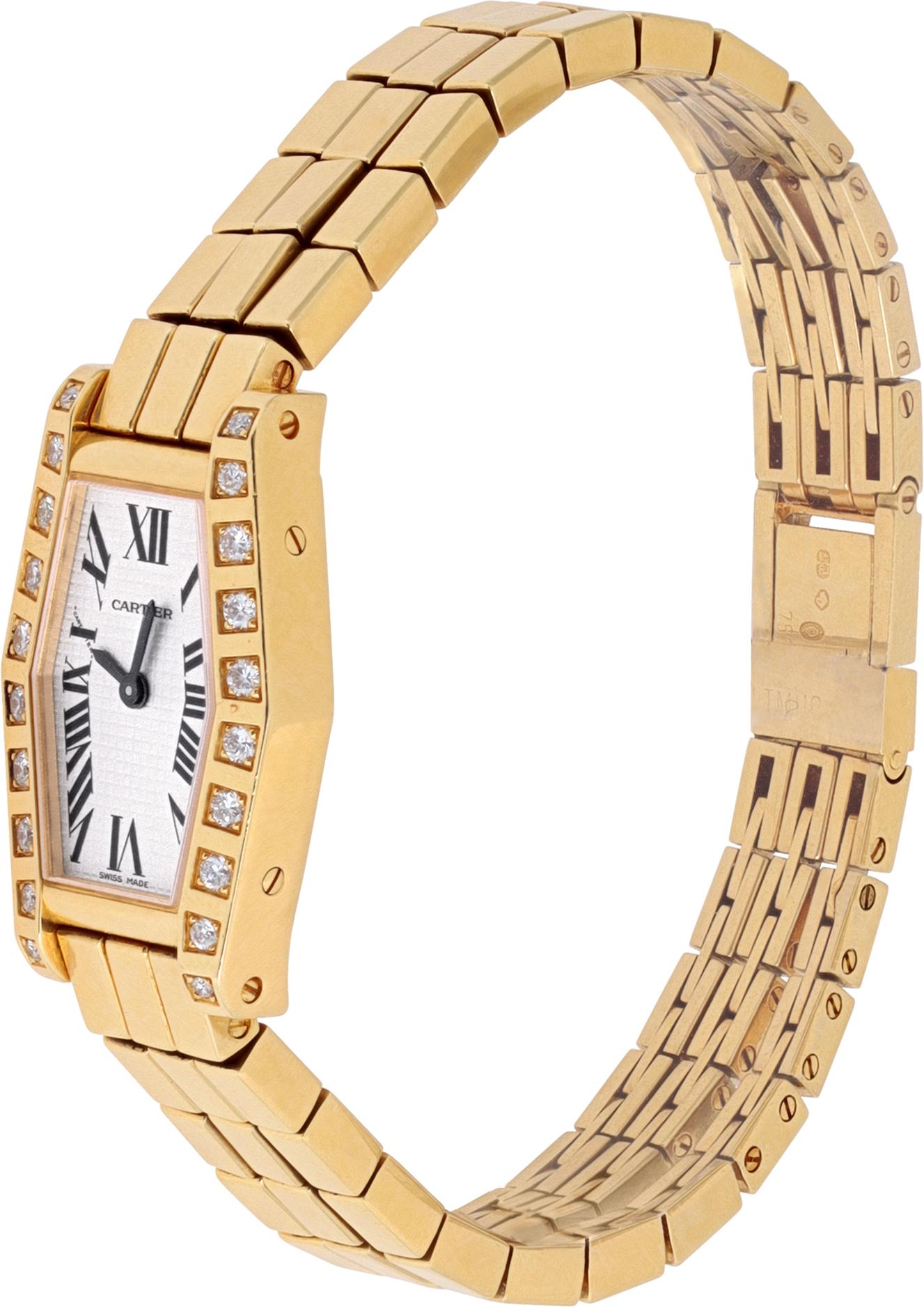 Cartier Lanieres Hexagonal in 18k yellow gold with diamond bezel. Quartz. 18 mm x 24 mm case size. Complete with Cartier valuation report and pouch. Ref CRW2561. Circa 1990s. Fine Pre-owned Cartier Watch.

 Certified preowned Dress Cartier Laniere