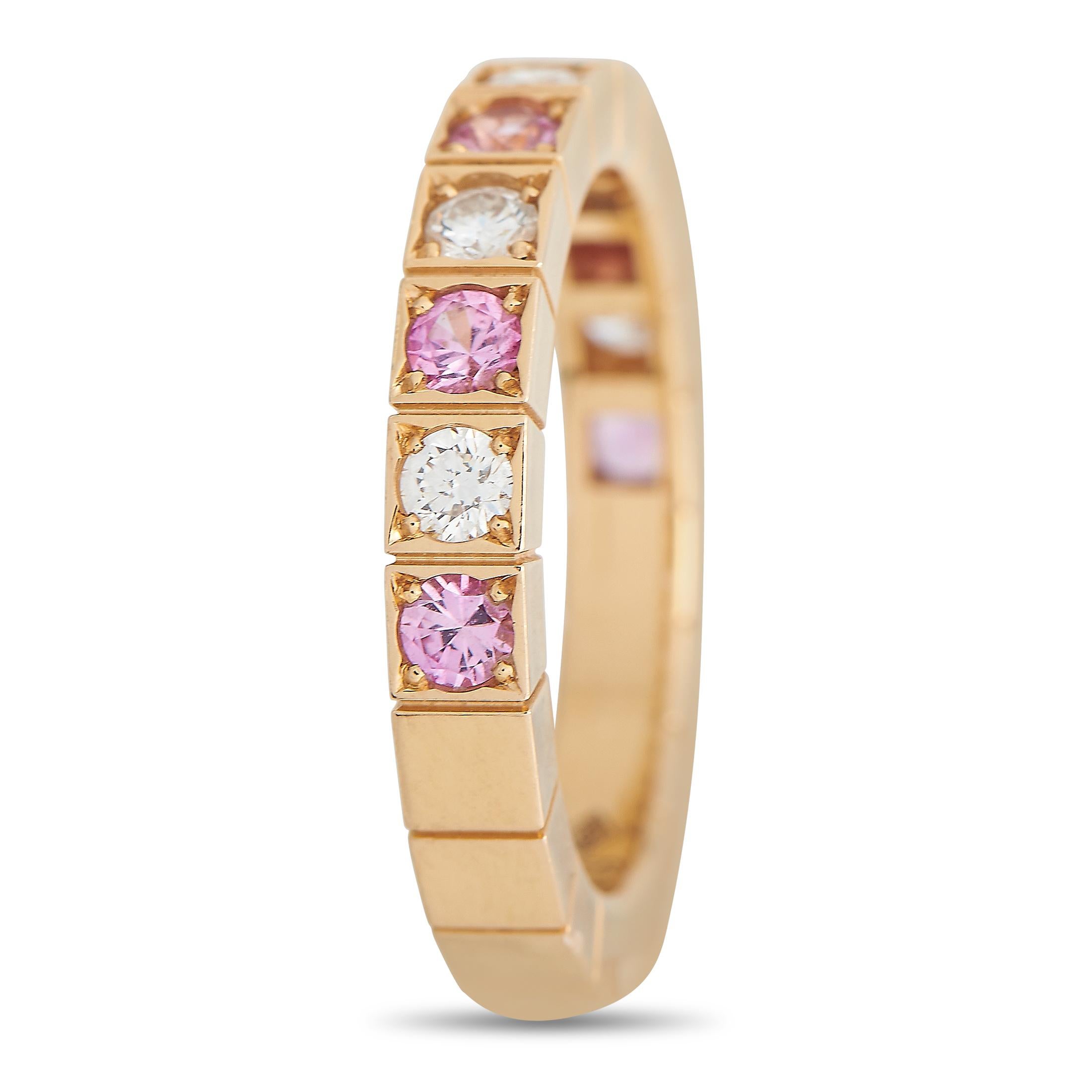 Radiate elegance with this rose gold Cartier ring from the Lanières collection. The 3mm-thick band features a circle of rose gold squares, with the top half of the shank embedded with alternating pink sapphires and diamonds. This size 5.0 ring