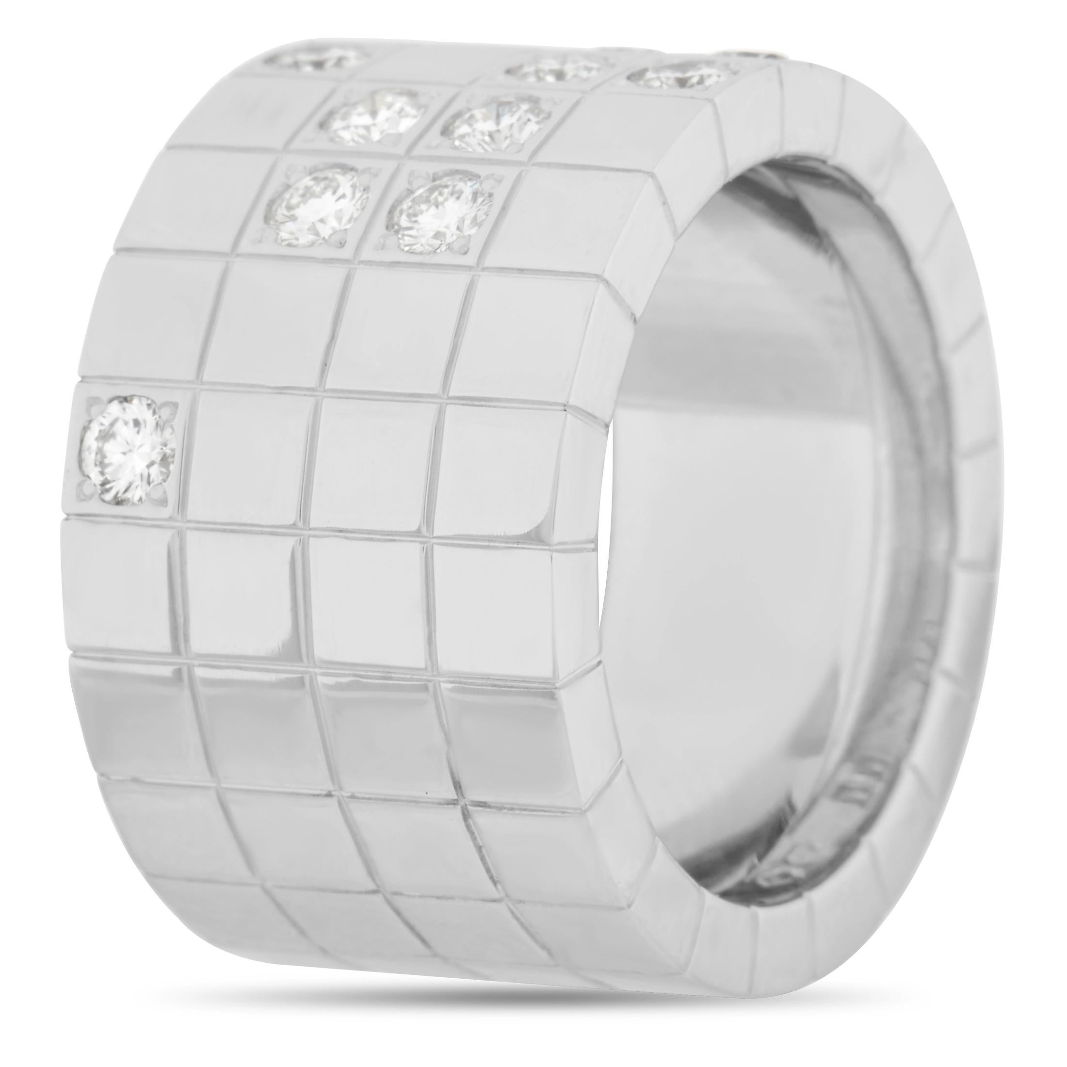 Clean lines and a bold sense of style are the hallmarks of this Cartier Lanieres Ring. A bold 12mm band makes this a showstopping piece with a commanding presence. Crafted from 18K White Gold, sparkling diamonds totaling 0.75 carats are highlighted