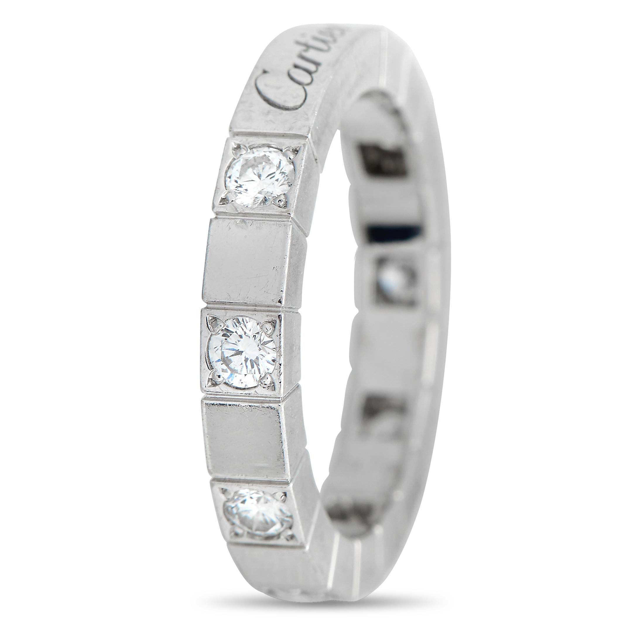 Make this Cartier Lanieres ring a part of your ensemble and effortlessly exude classic elegance. This ridged 18K white gold band measures 3mm thick and is punctuated with glittering diamonds. It's the perfect choice to give your daily wear just the