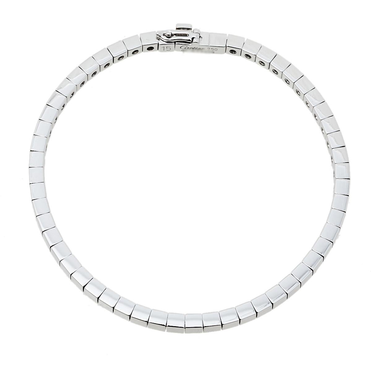 This meticulously crafted bracelet is from the Cartier Lanières collection. Made from 18k white gold, the precious creation features the brand's signature square-cut design and a simple lock. It is bound to offer a comfortable fit and a luxurious
