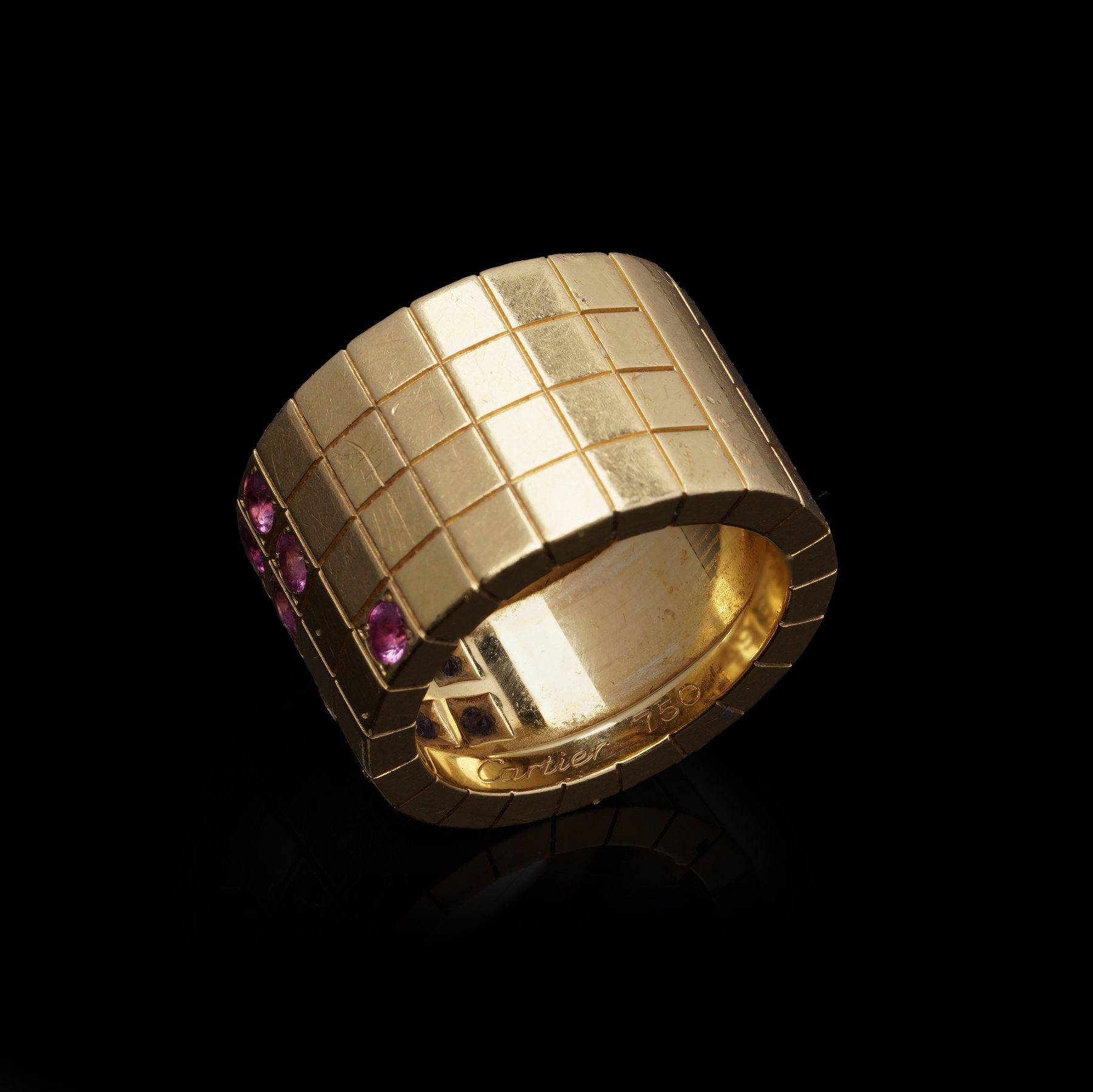 Cartier Lanieres 18K Yellow Gold Diamond and Pink Sapphire Ring In Good Condition For Sale In Braintree, GB