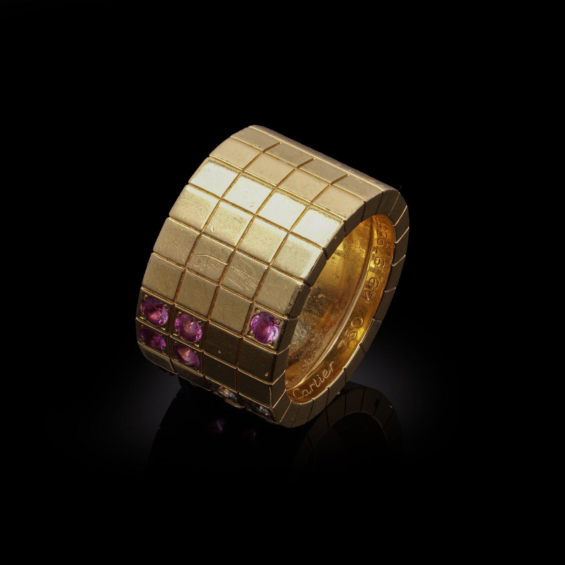 Cartier Lanieres 18K Yellow Gold Diamond and Pink Sapphire Ring For Sale 2