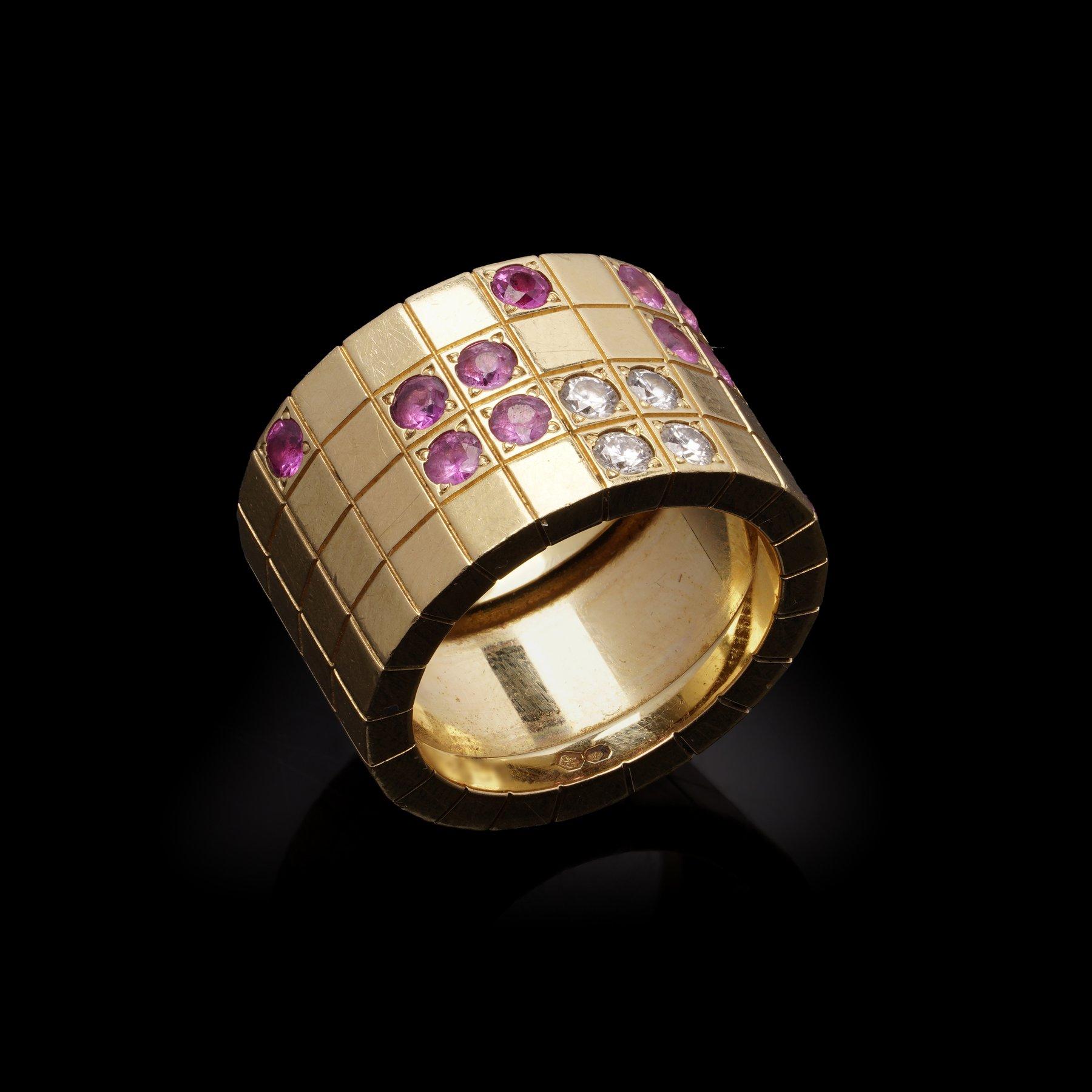 Cartier Lanieres 18K Yellow Gold Diamond and Pink Sapphire Ring For Sale 3