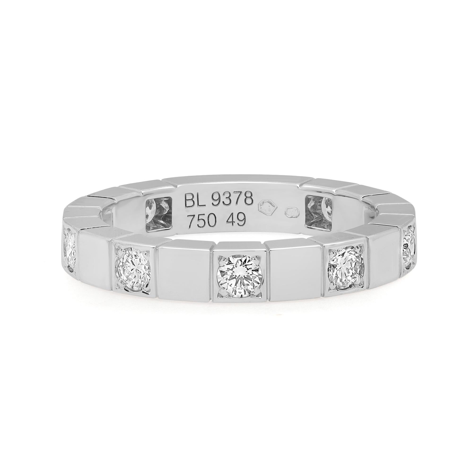 Beautiful Cartier Diamond Laniere Band Ring. Crafted in fine 18k white gold. This ring features 9 round brilliant cut diamonds weighing 0.36 carat. Diamond quality: color F and clarity VS1. Ring size: 5. Width: 3mm. Thickness: 2.3. Excellent