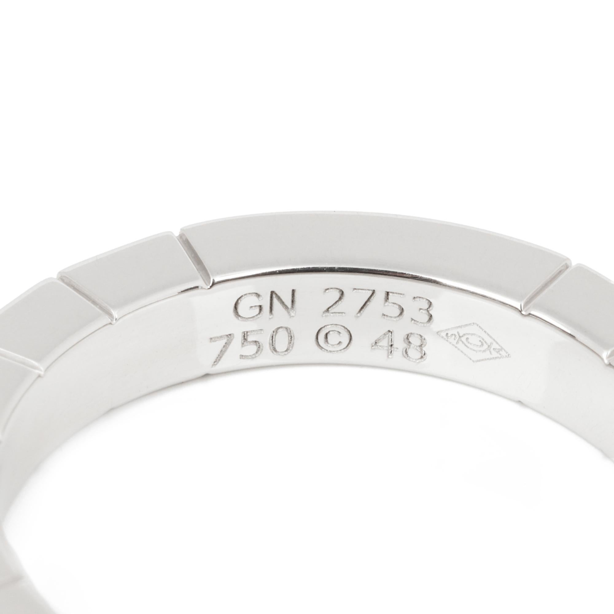 Cartier 18ct White Gold Lanieres Band Ring

Brand Cartier
Model Lanieres Band Ring
Product Type Ring
Serial Number GN****
Material(s) 18ct White Gold
UK Ring Size I 1/2
EU Ring Size 48
US Ring Size 4 1/2
Resizing Possible No
Band Width 3mm
Total