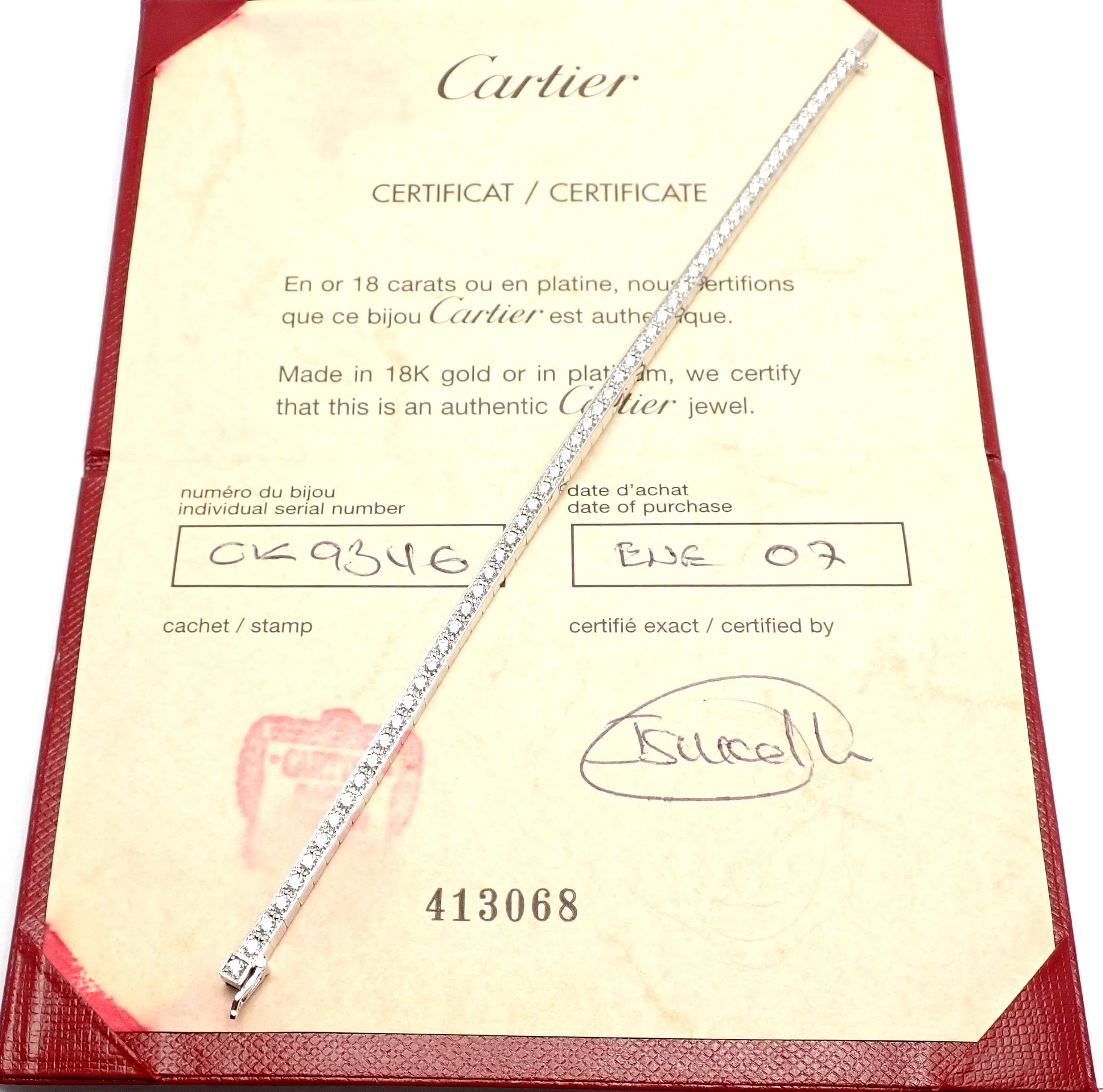 bracelet tennis en or blanc 18 carats Lanieres Diamond Line de Cartier. 
Ce bracelet est accompagné d'un certificat d'authenticité Cartier. 
Avec des diamants ronds taille brillant couleur E:: clarté VVS1 poids total environ 2ct
Détails : 
Longueur