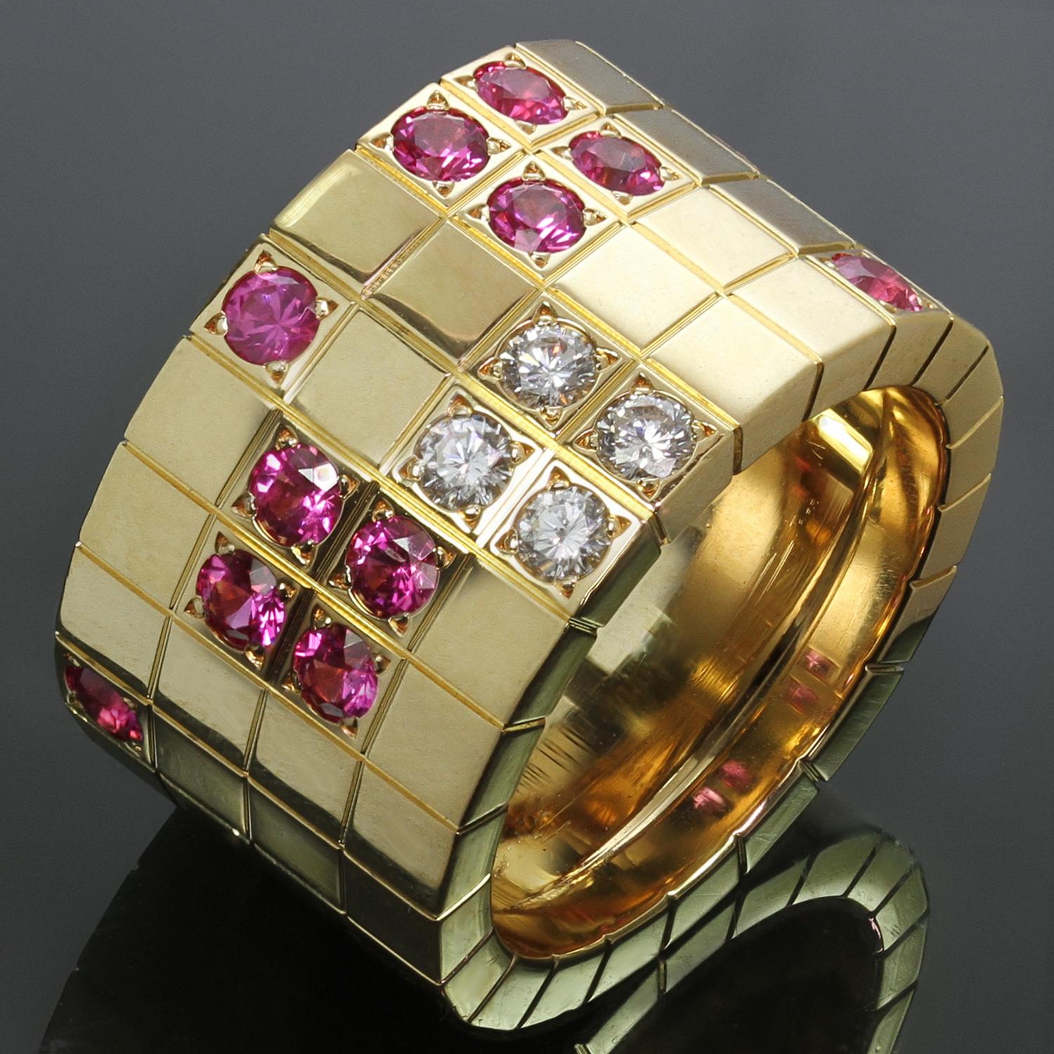 This rare wide band from Cartier's classic Lanières collection is crafted in 18k yellow gold and features a chic design of square motifs, accented by a geometric pattern of round pink sapphires and brilliant-cut round D-F diamonds. Made in France